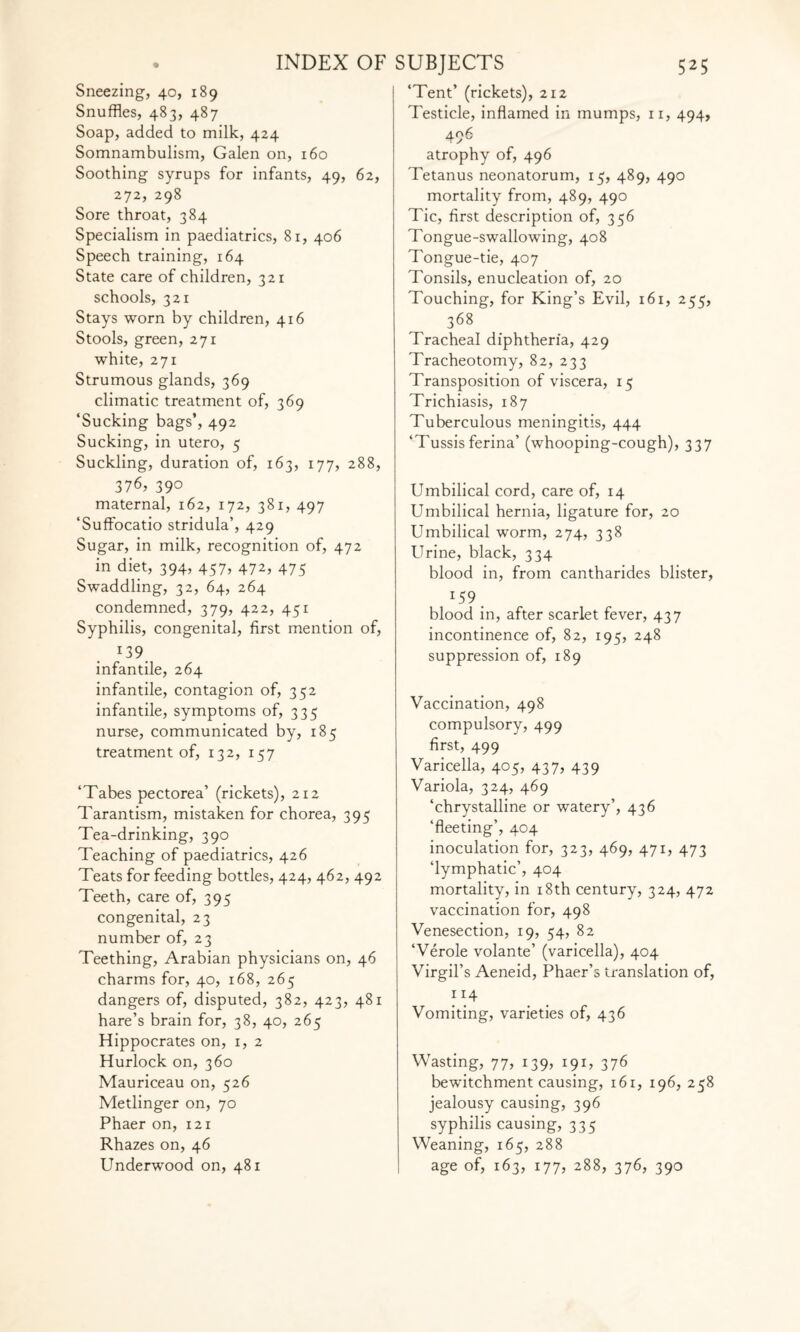 INDEX OF SUBJECTS Sneezing, 40, 189 Snuffles, 483, 487 Soap, added to milk, 424 Somnambulism, Galen on, 160 Soothing syrups for infants, 49, 62, 272, 298 Sore throat, 384 Specialism in paediatrics, 81, 406 Speech training, 164 State care of children, 321 schools, 321 Stays worn by children, 416 Stools, green, 271 white, 271 Strumous glands, 369 climatic treatment of, 369 ‘Sucking bags’, 492 Sucking, in utero, 5 Suckling, duration of, 163, 177, 288, 376, 39° maternal, 162, 172, 381, 497 ‘Suffocatio stridula’, 429 Sugar, in milk, recognition of, 472 in diet, 394, 457, 472, 475 Swaddling, 32, 64, 264 condemned, 379, 422, 451 Syphilis, congenital, first mention of, 139 infantile, 264 infantile, contagion of, 352 infantile, symptoms of, 335 nurse, communicated by, 185 treatment of, 132, 157 ‘Tabes pectorea’ (rickets), 212 Tarantism, mistaken for chorea, 395 Tea-drinking, 390 Teaching of paediatrics, 426 Teats for feeding bottles, 424, 462, 492 Teeth, care of, 395 congenital, 23 number of, 23 Teething, Arabian physicians on, 46 charms for, 40, 168, 265 dangers of, disputed, 382, 423, 481 hare’s brain for, 38, 40, 265 Hippocrates on, 1, 2 Hurlock on, 360 Mauriceau on, 526 Metlinger on, 70 Phaer on, 121 Rhazes on, 46 525 ‘Tent’ (rickets), 212 Testicle, inflamed in mumps, 11, 494, 496 atrophy of, 496 Tetanus neonatorum, 15, 489, 490 mortality from, 489, 490 Tic, first description of, 356 Tongue-swallowing, 408 Tongue-tie, 407 Tonsils, enucleation of, 20 Touching, for King’s Evil, 161, 255, 368 Tracheal diphtheria, 429 Tracheotomy, 82, 233 Transposition of viscera, 15 Trichiasis, 187 Tuberculous meningitis, 444 ‘Tussisferina’ (whooping-cough), 337 Umbilical cord, care of, 14 Umbilical hernia, ligature for, 20 Umbilical worm, 274, 338 Urine, black, 334 blood in, from cantharides blister, 159 . blood in, after scarlet fever, 437 incontinence of, 82, 195, 248 suppression of, 189 Vaccination, 498 compulsory, 499 first, 499 Varicella, 405, 437, 439 Variola, 324, 469 ‘chrystalline or watery’, 436 ‘fleeting’, 404 inoculation for, 323, 469, 471, 473 ‘lymphatic’, 404 mortality, in 18th century, 324, 472 vaccination for, 498 Venesection, 19, 54, 82 ‘Verole volante’ (varicella), 404 Virgil’s Aeneid, Phaer’s translation of, 114- Vomiting, varieties of, 436 Wasting, 77, 139, 191, 376 bewitchment causing, 161, 196, 258 jealousy causing, 396 syphilis causing, 335 Weaning, 165, 288