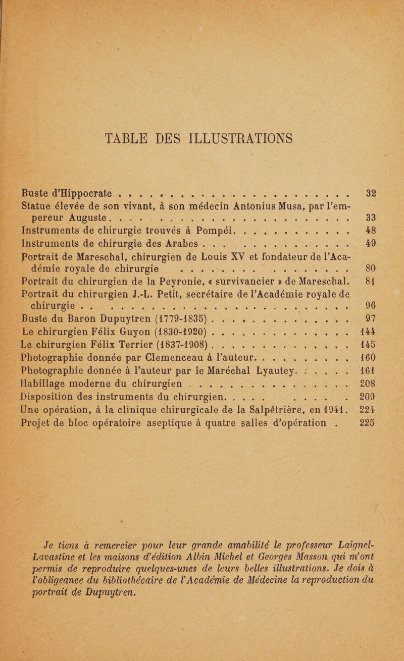 TABLE DES ILLUSTRATIONS Buste d’Hippocrate. 32 Statue élevée de son vivant, à son médecin Antonius Musa, par l’em¬ pereur Auguste.. 33 Instruments de chirurgie trouvés à Pompéi. .. 48 Instruments de chirurgie des Arabes. 49 Portrait de Mareschal, chirurgien de Louis XV et fondateur de l’Aca¬ démie royale de chirurgie . 80 Portrait du chirurgien de la Peyronie, « survivancier » de Mareschal. 81 Portrait du chirurgien J.-L. Petit, secrétaire de l’Académie royale de chirurgie. 96 Buste du Baron Dupuytren (1779-1835) .............. 97 Le chirurgien Félix Guyon (1830-1920). 144 Le chirurgien Félix Terrier (1837-1908). 145 Photographie donnée par Clemenceau à l’auteur.160 Photographie donnée à l’auteur par le Maréchal Lyautey. ..... 161 Habillage moderne du chirurgien.208 Disposition des instruments du chirurgien. 209 Une opération, à la clinique chirurgicale de la Salpêtrière, en 1941. 224 Projet de bloc opératoire aseptique à quatre salies d’opération . 225 permis de reproduire quelques-unes de leurs belles illustrations. Je dois à l'obligeance du bibliothécaire de l'Académie de Médecine la reproduction du portrait de Dupuytren.