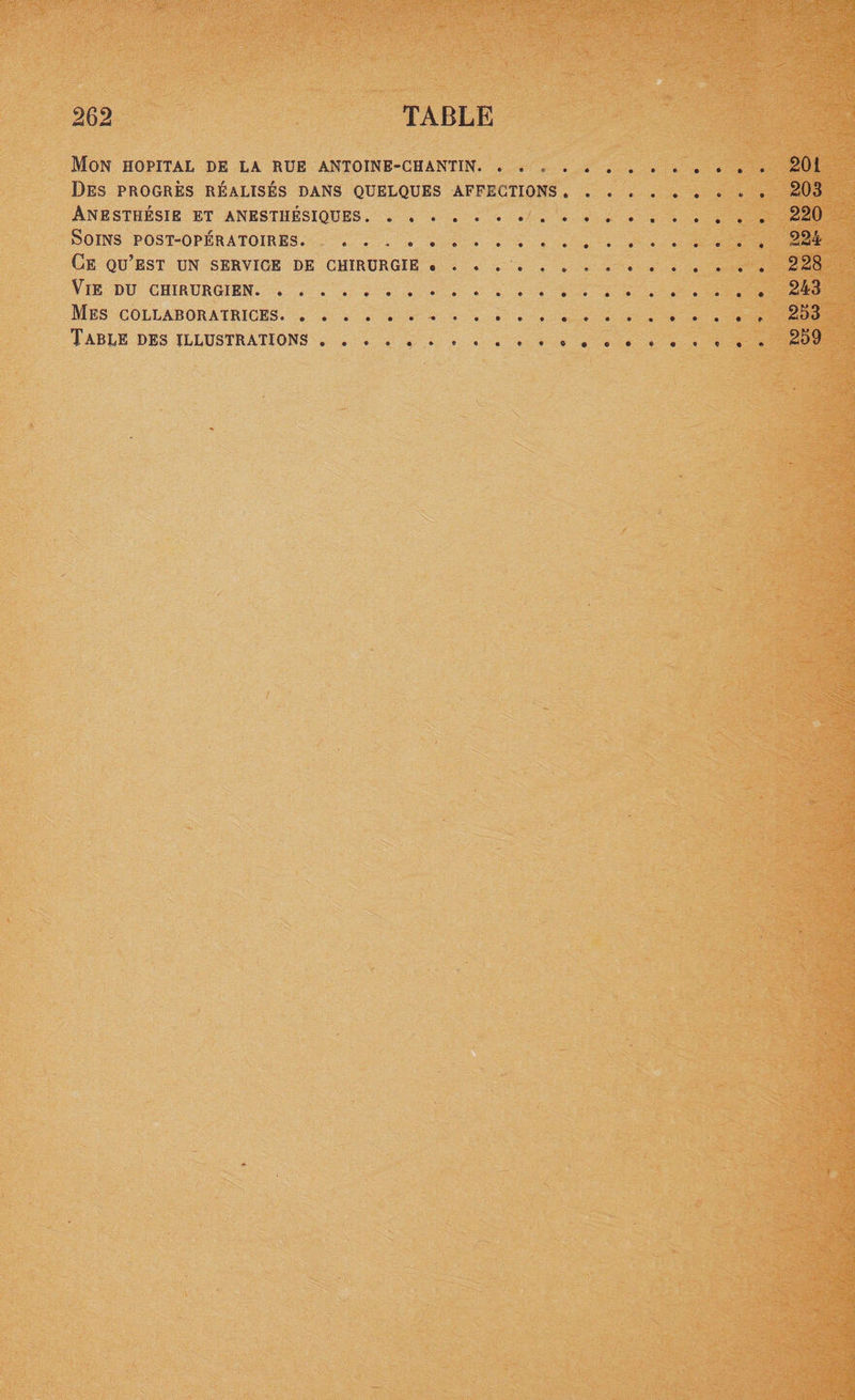Mon HOPITAL DE LA RUE ANTOINE-CHANTIN.. . 20 i Des progrès réalisés dans quelques affections. 203 Anesthésie et anesthésiques. ..220 Soins post-opératoires. 224 Ce qu’est un service de chirurgie • . . ....228 Vie du chirurgien.243 Mes collaboratrices... , 253 Table des illustrations ..... . 259