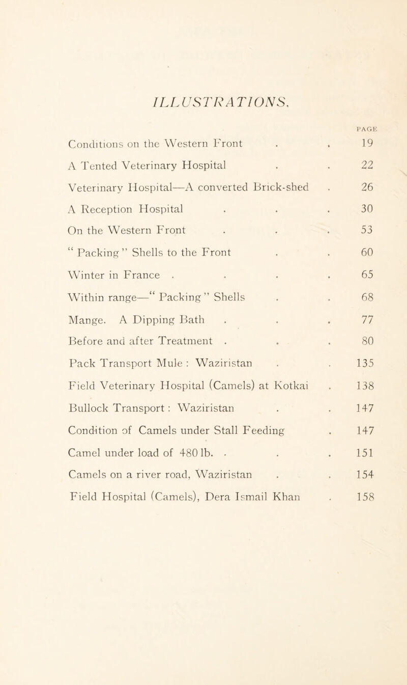 ILLUSTRATIONS, PAGE Conditions on the Western Front . . 19 A Tented Veterinary Hospital . . 22 Veterinary Hospital—A converted Brick-shed . 26 A Reception Hospital . . .30 On the Western Front . . .53 “ Packing” Shells to the Front . . 60 Winter in France . . . .65 Within range—“ Packing” Shells . . 68 Mange. A Dipping Bath . . .77 Before and after Treatment . . .80 Pack Transport Mule : Waziristan . . 135 Field Veterinary Hospital (Camels) at Kotkai . 138 Bullock Transport : Waziristan . .147 Condition of Camels under Stall Feeding . 147 Camel under load of 4801b. . . .151 Camels on a river road, Waziristan . .154 Field Hospital (Camels), Dera Ismail Khan . 158