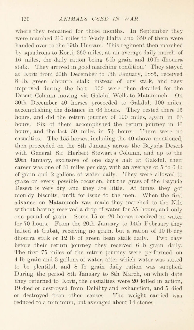 where they remained for three months. In September they were marched 210 miles to Wady Haifa and 350 of them were handed over to the 19th Hussars. This regiment then marched by squadrons to Korti, 360 miles, at an average daily march of 16 miles, the daily ration being 61b grain and 101b dhourra stalk. They arrived in good marching condition.' They stayed at Korti from 20th December to 7th January, 1885, received 8 lb. green dhourra stalk instead of dry stalk, and they improved during the halt. 155 were then detailed for the Desert Column moving via Gakdul Wells to Matammeh. On 30th December 40 horses proceeded to Gakdul, 100 miles, accomplishing the distance in 63 hours. They rested there 15 hours, and did the return journey of 100 miles, again in 63 hours. Six of them accomplished the return journey in 46 hours, and the last 50 miles in 74 hours. There w7ere no casualties. The 155 horses, including the 40 above mentioned, then proceeded on the 8th January across the Bayuda Desert with General Sir Herbert Stewart’s Column, and up to the 20th January, exclusive of one day’s halt at Gakdul, their career was one of 31 miles per day, with an average of 5 to 6 lb of grain and 2 gallons of water daily. They were allowed to graze on every possible occasion, but the grass of the Bayuda Desert is very dry and they ate little. At times they got mouldy biscuits, unfit for issue to the men. When the first advance on Matammeh was made they marched to the Nile without having received a drop of water for 55 hours, and only one pound of grain. Some 15 or 20 horses received no water for 70 hours. From the 20tli January to 14tli February they halted at Gubat, receiving no grain, but a ration of 10 lb dry dhourra stalk or 12 lb of green bean stalk daily. Two days before their return journey they received 6 lb grain daily. The first 75 miles of the return journey were performed on 4 lb grain and 3 gallons of water, after which water was stated to be plentiful, and 8 lb grain daily ration was supplied. During the period 8th January to 8th March, on which date they returned to Korti, the casualties were 20 killed in action, 19 died or destroyed from Debility and exhaustion, and 5 died or destroyed from other causes. The weight carried was reduced to a minimum, but averaged about 14 stones.