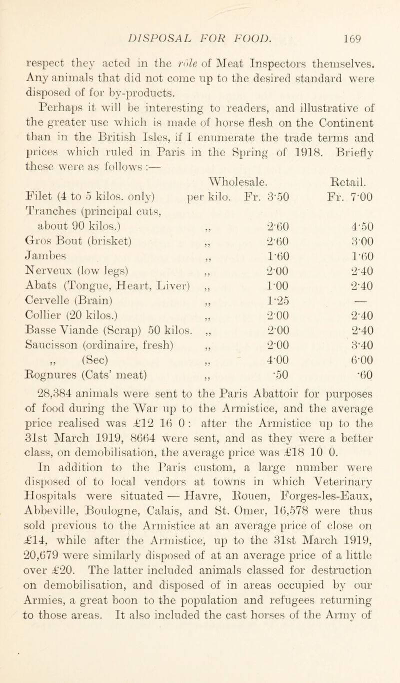 respect they acted in the role of Meat Inspectors themselves. Any animals that did not come op to the desired standard were disposed of for by-products. Perhaps it will be interesting to readers, and illustrative of the greater use which is made of horse flesh on the Continent than in the British Isles, if I enumerate the trade terms and prices which ruled in Paris in the Spring of 1918. Briefly these were as follows :— Wholesale. Betail. Filet (4 to 5 kilos, only) per • kilo. Fr. 3*50 Fr. 7-00 Tranches (principal cuts, about 90 kilos.) „ 2-60 4-50 Gros Bout (brisket) „ 2-60 3-00 Jambes „ 1'60 1*60 Nerveux (low legs) „ 2*00 2-40 Abats (Tongue, Heart, Liver) h-1 o o 2*40 Cervelle (Brain) 1-25 Collier (20 kilos.) „ 2-00 2-40 Basse Viande (Scrap) 50 kilos. „ 2-00 2*40 Saucisson (ordinaire, fresh) „ 2-00 3*40 „ (Sec) o o 6-00 Bognures (Cats’ meat) ■50 •60 28,384 animals were sent to the Paris Abattoir for purposes of food during the War up to the Armistice, and the average price realised was A12 16 0 : after the Armistice up to the 31st March 1919, 8664 were sent, and as they were a better class, on demobilisation, the average price was T18 10 0. In addition to the Paris custom, a large number were disposed of to local vendors at towns in which Veterinary Hospitals were situated •— Havre, Bouen, Forges-les-Eaux, Abbeville, Boulogne, Calais, and St. Oilier, 16,578 were thus sold previous to the Armistice at an average price of close on T14, while after the Armistice, up to the 31st March 1919, 20,679 were similarly disposed of at an average price of a little over T20. The latter included animals classed for destruction on demobilisation, and disposed of in areas occupied by our Armies, a great boon to the population and refugees returning to those areas. It also included the cast horses of the Army of