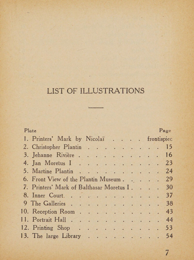 LIST OF ILLUSTRATIONS Plate Page 1. Printers’ Mark by Nicolai .... frontispiec 2. Christopher Plantin.15 3. Jehanne Riviere.16 4. Jan Moretus I.23 5. Martine Plantin.24 6. Front View of the Plantin Museum.29 * 7. Printers’ Mark of Balthasar Moretus I .... 30 8. Inner Court.37 9 The Galleries.38 10. Reception Room.43 1 1. Portrait Hall.44 12. Printing Shop.53 13. The large Library.54
