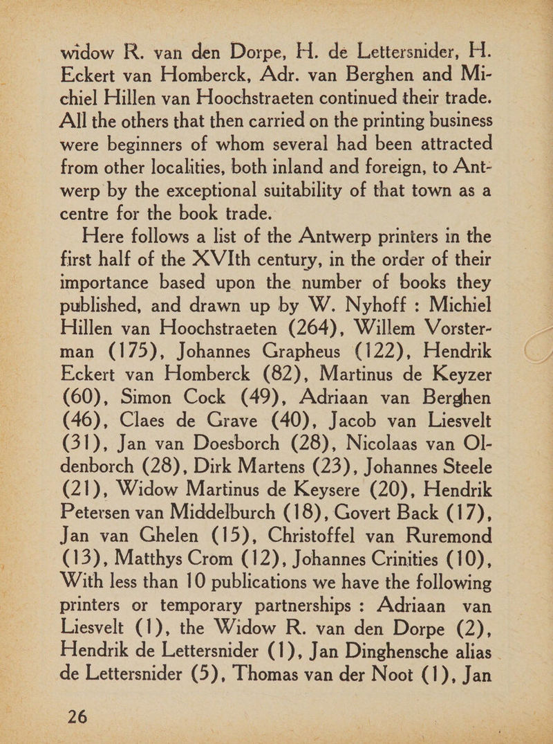 widow R. van den Dorpe, H. de Lettersnider, H. Eckert van Homberck, Adr. van Berghen and Mi- chiel Hillen van Hoochstraeten continued their trade. All the others that then carried on the printing business were beginners of whom several had been attracted from other localities, both inland and foreign, to Ant¬ werp by the exceptional suitability of that town as a centre for the book trade. Here follows a list of the Antwerp printers in the first half of the XVIth century, in the order of their importance based upon the number of books they published, and drawn up by W. Nyhoff : Michiel Hillen van Hoochstraeten (264), Willem Vorster- man (175), Johannes Grapheus (122), Hendrik Eckert van Homberck (82), Martinus de Keyzer (60), Simon Cock (49), Adriaan van Berghen (46), Claes de Grave (40), Jacob van Liesvelt (31), Jan van Doesborch (28), Nicolaas van Ol- denborch (28), Dirk Martens (23), Johannes Steele (21), Widow Martinus de Keysere (20), Hendrik Petersen van Middelburch (18), Govert Back (17), Jan van Ghelen (15), Christoff el van Ruremond (13), Matthys Crom (12), Johannes Crinities (10), With less than 10 publications we have the following printers or temporary partnerships : Adriaan van Liesvelt (1), the Widow R. van den Dorpe (2), Hendrik de Lettersnider (1), Jan Dinghensche alias de Lettersnider (5), Thomas van der Noot (1), Jan