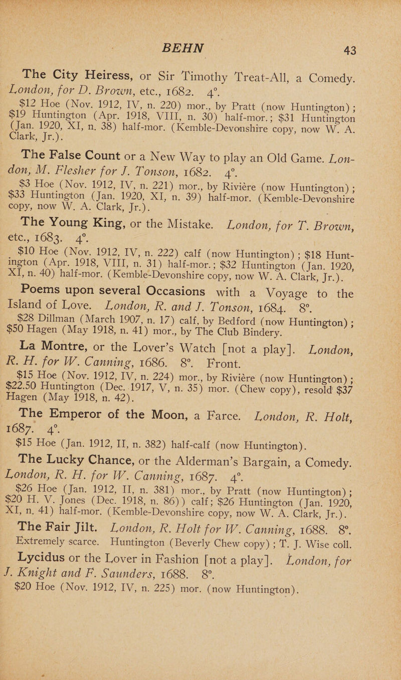 The City Heiress, or Sir Timothy Treat-All, a Comedy. London, for D. Brown, etc., 1682. 40. fN1^^T^oe (Nov. 1912, IV, n. 220) mor., by Pratt (now Huntington) ; fr9 H1l^tm^on (APr* 1918> VI11’ n- 3°) half-mor.; $31 Huntington (Jan. 19_0, XI, n. 38) half-mor. (Kemble-Devonshire copy, now W A Clark, Jr.). The False Count or a New Way to play an Old Game. Lon¬ don, M. Flesher for J. Tonson, 1682. 40. ^ Hoe (Nov. 1912, IV, n. 221) mor., by Riviere (now Huntington) ; $33 Huntington (Jan. 1920, XI, n. 39) half-mor. (Kemble-Devonshire copy, now W. A. Clark, Jr.). The Young King, or the Mistake. London, for T. Brown, etc., 1683. 40. . $10 Noe (Nov. 1912, IV, n. 222) calf (now Huntington) ; $18 Hunt- mgton (Apr. 1918, VIII, n. 31) half-mor.; $32 Huntington (Jan. 1920, XI, n. 40) half-mor. (Kemble-Devonshire copy, now W. A. Clark, Jr.). Poems upon several Occasions with a Voyage to the Island of Love. London, R. and J. Tonson, 1684. 8°. (^arch 1907, n. 17) calf, by Bedford (now Huntington) ; $50 Hagen (May 1918, n. 41) mor., by The Club Bindery. ' La Montre, or the Lover s Watch [not a play]. London, R. H. for W. Canning, 1686. 8°. Front. (-N°v- 1912, IV, n. 224) mor., by Riviere (now Huntington) : $22.50 Huntington (Dec. 1917, V, n. 35) mor. (Chew copy), resold $37 Hagen (May 1918, n. 42). ' * The Emperor of the Moon, a Farce. London, R. Holt, 1687. 40. $15 Hoe (Jan. 1912, II, n. 382) half-calf (now Huntington). The Lucky Chance, or the Alderman’s Bargain, a Comedy. London, R. H. for W. Canning, 1687. 40. $26 Hoe (Jan. 1912, II, n. 381) mor., by Pratt (now Huntington) ; $20 H. V. Jones (Dec.^1918, n. 86)) calf; $26 Huntington (Jan. 1920, XI, n. 41) half-mor. (Kemble-Devonshire copy, now W. A. Clark, Jr.). The Fair Jilt. London, R. Holt for W. Canning, 1688. 8°. Extremely scarce. Huntington (Beverly Chew copy) ; T. J. Wise coll. Lycidus or the Lover in Fashion [not a play]. London, for J. Knight and F. Saunders, 1688. 8°. $20 Hoe (Nov. 1912, IV, n. 225) mor. (now Huntington).