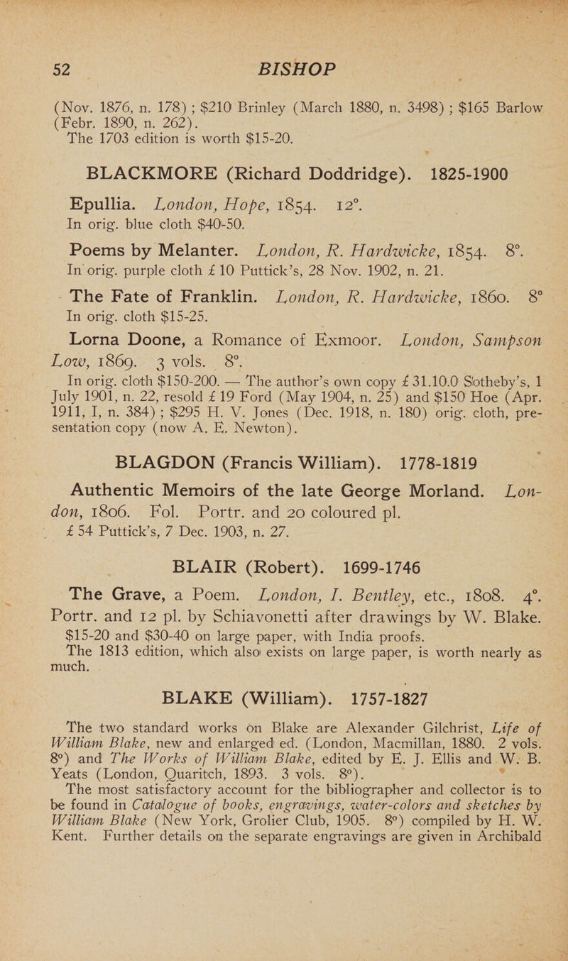 (Nov. 1876, n. 178) ; $210 Brinley (March 1880, n. 3498) ; $165 Barlow (Febr. 1890, n. 262). The 1703 edition is worth $15-20. BLACKMORE (Richard Doddridge). 1825-1900 Epullia. London, Hope, 1854. 120. In orig. blue cloth $40-50. Poems by Melanter. London, R. Hardwicke, 1854. 8°. In'orig. purple cloth £ 10 Puttick’s, 28 Nov. 1902, n. 21. The Fate of Franklin. London, R. Hardwicke, i860. 8° In orig. cloth $15-25. Lorna Doone, a Romance of Exmoor. London, Sampson Low, 1869. 3 vols. 8°.' In orig. cloth $150-200. — The author’s own copy £ 31.10.01 Sotheby’s, 1 July 1901, n. 22, resold £ 19 Ford (May 1904, n. 25) and $150 Hoe (Apr. 1911, I, n. 384) ; $295 H. V. Jones (Dec. 1918, n. 180) orig. cloth, pre¬ sentation copy (now A. E. Newton). BLAGDON (Francis William). 1778-1819 Authentic Memoirs of the late George Morland. Lon¬ don, 1806. Fol. Portr. and 20 coloured pi. £ 54 Puttick’s, 7 Dec. 1903, n. 27. BLAIR (Robert). 1699-1746 The Grave, a Poem. London, /. Bentley, etc., 1808. 40. Portr. and 12 pi. by Schiavonetti after drawings by W. Blake. $15-20 and $30-40 on large paper, with India proofs. The 1813 edition, which alsoi exists on large paper, is worth nearly as much. BLAKE (William). 1757-1827 The two standard works on Blake are Alexander Gilchrist, Life of William Blake, new and enlarged ed. (London, Macmillan, 1880. 2 vols. 8°) and The Works of William Blake, edited by E. J. Ellis and W. B. Yeats (London, Quaritch, 1893. 3 vols. 8°). The most satisfactory account for the bibliographer and collector is to be found in Catalogue of books, engravings, water-colors and sketches by William Blake (New York, Grolier Club, 1905. 8°) compiled by H. W. Kent. Further details on the separate engravings are given in Archibald