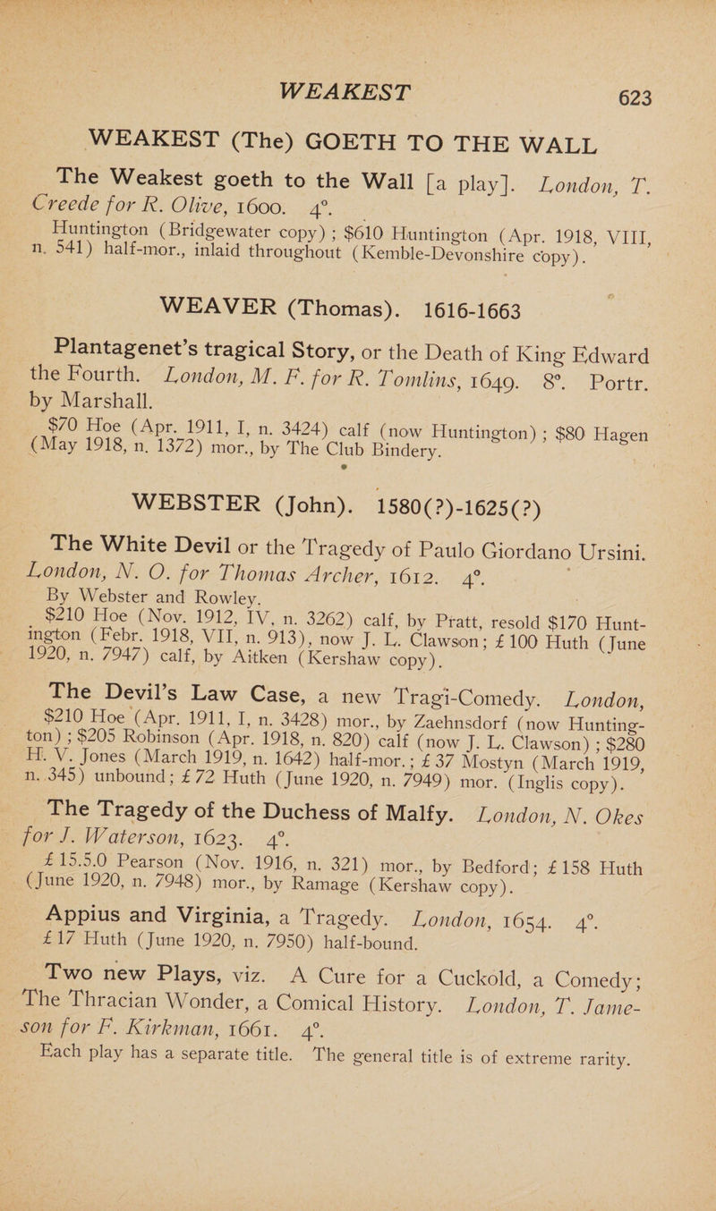 WEAKEST WEAKEST (The) GOETH TO THE WALL __ The Weakest goeth to the Wall [a play], London, T. Lreede for R. Olive, 1600. 40. (Bridgewater c°py) ; $610 Huntington (Apr. 1918 VIII u, 1) half-mor., inlaid throughout (Kemble-Devonshire copy). WEAVER (Thomas). 1616-1663 Plantagenet’s tragical Story, or the Death of King Edward the Fourth. London, M. F. for R. Tomlins, 1649. 8°. Portr. by Marshall. mio ^ n‘ 3424) calf (now Huntington) ; $80 Hagen (Alay 1918, n. 13/2) mor., by The Club Bindery. WEBSTER (John). 1580(?)-1625(?) The White Devil or the Tragedy of Paulo Giordano Ursini. London, N. O. for Thomas Archer, 1612. 40. By Webster and Rowley. • V° Vt W’ IVAn- 3262) calf> by Pratt, resold $170 Hunt- iqW (7oV191,8/tn’An-.913)Vnow J' L' Clawson; £100 Huth (June 19-0, n. 7947) calf, by Aitken (Kershaw copy). The Devil’s Law Case, a new Tragi-Comedy. London, . 1’ n- 3428) mor., by Zaehnsdorf (now Hunting- ton); $-0b Robinson (Apr. 1918, n. 820) calf (now J. L. Clawson) ; $280 HGY^JoneiS (March 1919> n* 1642) half-mor. ; £ 37 Mostyn (March 1919, n. 345) unbound; £72 Huth (June 1920, n. 7949) mor. (Inglis copy). The Tragedy of the Duchess of Malfy. London, N. Okes for J. Waterson, 1623. 40. /T£15'?n°,nPear^o(N°v- 1916’ n- 321) mor- by Bedford; £158 Huth (June 1920, n. /948) mor., by Ramage (Kershaw copy). Appius and Virginia, a Tragedy. London, 1654. 40. £ 17 Huth (June 1920, n. 7950) half-bound. Two new Plays, viz. A Cure for a Cuckold, a Comedy; The Tin acian TV onder, a Comical History. London} T. Jame¬ son for F. Kirkman, 1661. 40. Kach play has a separate title. The general title is of extreme rarity.