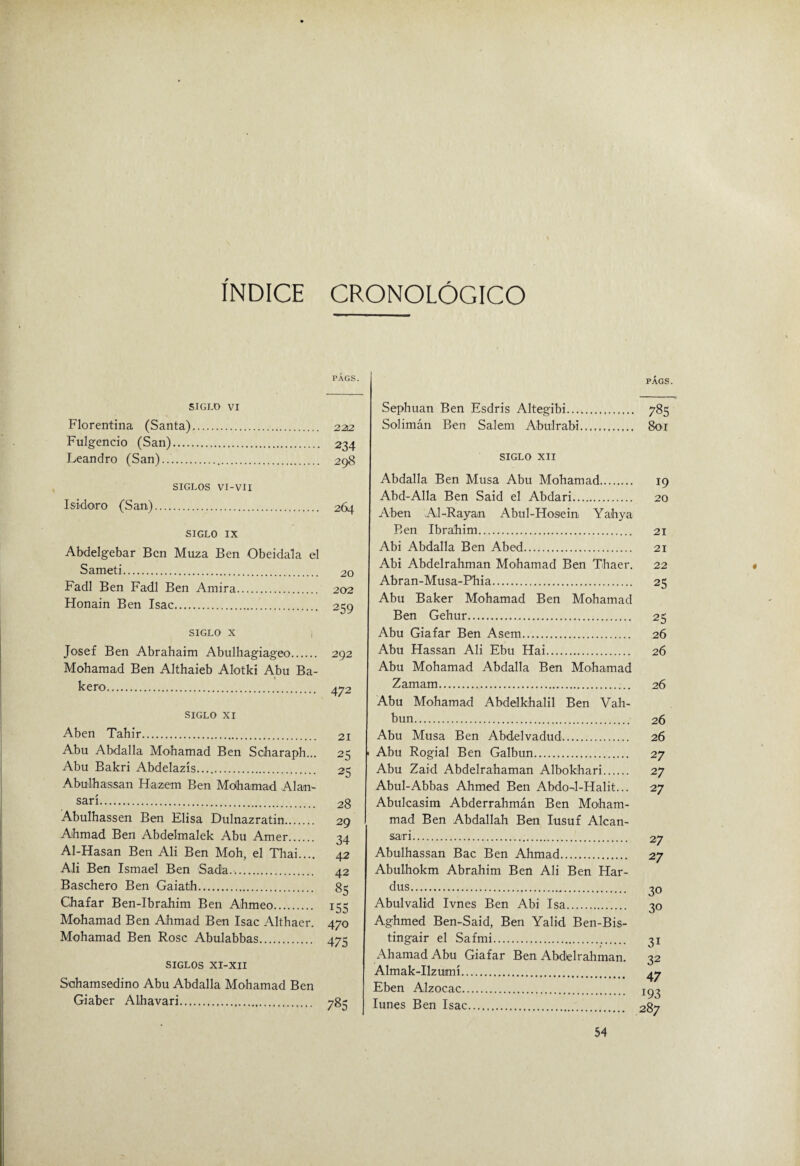 INDICE CRONOLOGICO SIGLO VI Florentina (Santa). Fulgencio (San). Leandro (San).. SIGLOS VI-VII Isidoro (San). SIGLO IX Abdelgebar Bcn Muza Ben Obeidala el Sameti. Fadl Ben Fadl Ben Amira. Honain Ben Isac. SIGLO X i JO'Sef Ben Abrahaim Abulhagiageo. Mohamad Ben Althaieb Alotki Abu Ba- kero. SIGLO XI Aben Tahir. Abu Abdalla Mohamad Ben Scharaph... Abu Bakri Abdelazís. Abulhassan Hazem Ben Molhamad Alan- sari. Abulhassen Ben Elisa Dulnazratin. Ahmad Ben Abdelmalek Abu Amer. Al-Hasan Ben Ali Ben Moh, el Thai.... Ali Ben Ismael Ben Sada. Baschero Ben Gaiath. Chafar Ben-Ibrahim Ben Ahmeo. Mohamad Ben Ahmad Ben Isac Althaer. Mohamad Ben Rose Abulabbas. SIGLOS XI-XII Sahamsedino Abu Abdalla Mohamad Ben Giaber Alba vari. PÁGS. 2212 234 298 264 20 202 259 292 472 21 25 25 28 29 34 42 42 85 155 470 475 785 Sephuan Ben Esdris Altegibi. Solimán Ben Salem Abulrabi. SIGLO XII Abdalla Ben Musa Abu Mohamad. Abd-Alla Ben Said el Abdari. Aben Al-Rayan Abul-Hosein Yahya Ben Ibráhim. Abi Abdalla Ben Abed. Abi Abdelrahman Mohamad Ben Thaer, Abran-Musa-Phia. Abu Baker Mohamad Ben Mohamad Ben Gehur. Abu Giafar Ben Asem. Abu Hassan Ali Ebu Hai. Abu Mohamad Abdalla Ben Mohamad Zamam. Abu Mohamad Abdelkhalil Ben Vah- bun. Abu Musa Ben Abdelvadud. Abu Rogial Ben Galbun. Abu Zaid Abdelrahaman Albokhari. Abul-Abbas Ahmod Ben Abdo4-Halit... Abulcasim Abderrahmán Ben Moham- mad Ben Abdallah Ben lusuf Alean- sari. Abulhassan Bac Ben Ahmad. Abulhokm Abrahim Ben Ali Ben Har- dus. Abulvalid Ivnes Ben Abi Isa. Aghmed Ben-Said, Ben Yalid Ben-Bis- tingair el Safmi. AhamadAbu Giafar Ben Abdelrahman. Almak-Ilzumí. Eben Alzocac. lunes Ben Isac.