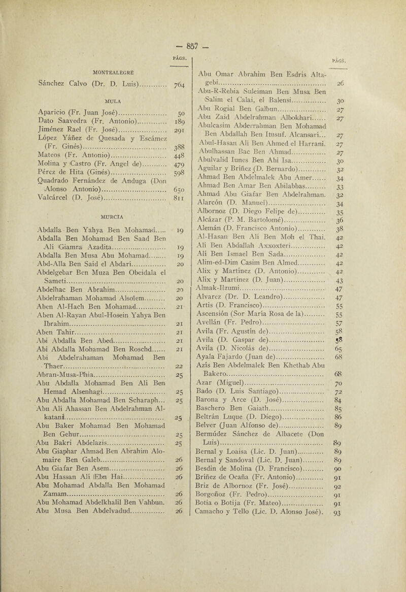 PÁciá. montealegre Sánchez Calvo (Dr. D. Luis). 764 MULA Aparicio (Fr. Juan José). 50 Dato Saavedra (Fr. Antonio). 189 Jiménez Rael (Fr. José). 291 López Yáñez de Quesada y Escámez (Fr. Ginés). 388 Mateos (Fr. Antonio). 448 Molina y Castro (Fr. Angel de). 479 Pérez de Hita (Ginés). 598 Quadrado Fernández do Anduga (Don Alonso Antonio). 650 Vialcárcel (D. José). 811 MURCIA Abdalla Ben Yahya Ben Mohamad. 19 Abdalla Ben Mohamad Ben Saad Ben Alí 'Giamra Azadita. 19 Abdalla Ben Musa Abu Mohamad. 19 Abd-Alla Ben Said el Abdarí. 20 Abdelgebar Ben Muza Ben Obeidala el Sameti. 20 Abdelhac Ben Abrahim. 20 Abdelralhaman Mohamad Alsolem. 20 Aben Al-Hach Ben Mohamad. 21 Aben Ai-Rayan Abul-Hosein Yahya Ben Ibrahim. 21 Aben Tahir. 21 Abi Abdalla Ben Abed. 21 Abi Abdalla Mohamad Ben Roschd. 21 Abi Abdelrahamam Moihamad Ben Thaer. 22 Albran-Musa-Phia. 25 Abu Abdalla Moihamad Ben Alí Ben Hemad Alsenhagi. 25 Abu Abdalla Mohamad Ben Scharaph... 25 Abu Alí Ahassan Ben Abdelrahman Al¬ lí atañí. 25 Abu Baker Mohamad Ben Mohamad Ben Gehur. 25 Abu Bakrí Abdelazis. 25 Abu Giaphar Ahmad Ben Abrahim Alo- maire Ben Galeb. 26 Abu Giafar Ben Asem. 26 Abu Hassan Alí |E,bn Hai. 26 Abu Mohamad Abdalla Ben Mohamad Zamam. 26 Abu Mohamad Abdelkhalil Ben Vahbun. 26 Abu Musa Ben Abdelvadud. 26 Abu Ornar Abrahim Ben Esdris Alta- gebi. 26 Abu-R-iRebia Suleiman Ben; Musa Ben Salim el Calai, el Balensi. 30 Abu Rogial Ben Galbun. 27 Abu Zaid Abdelralhman Albokhari. 27 Abulcasiin Abderrahman Ben Moihannad Ben Abdallah Ben Itusuf. Alcansarí... 27 Abul-Hasan Alí Ben Ahmed el Harrani. 27 Abulhassan Bac Ben Ahmad. 27 Abulvalid lunes Ben Abi Isa. 30 Aguilar y Bríñez JD. Bernardo). 32 Ahmad Ben Abdelmalek Abu Amer. 34 Ahmad Ben Amar Ben Abilabbas. 33 Ahmad Abu Giafar Ben Abdelrahman. 32 Alarcón (D. Manuel). 34 Albornoz (D. Diego Felipe de). 35 Alcázar (P. M. Bartolomé). 36 Alemán (D. Francisco Antonio). 38 Al-Hasan Ben Alí Ben Moflí el Thai. 42 Alí Ben Abdallah Axxoxteri. 42 Alí Ben Ismael Ben Sada. 42 Alim-éd-Dim Casím Ben Almed. 42 Alix y Martínez (D. Antonio). 42 x\lix y Martínez (D. Juan). 43 Almak-Ilzumi. 47 Alvarez (Dr. D. Leandro)..!. 47 Artis (D. Francisco). 55 Ascensión (Sor María Rosa de la). 55 Avellán (Fr. Pedro). 57 Avila (Fr. Agustín de). 58 Avila (D. Gaspar de). 58 Avila (D. Nicolás de). 65 Ayala Fajardo (Juan de). 68 Azis Ben Abdelmalek Ben Khethab Abu Bakero. 68 Azar (Miguel). 70 Bado (D. Luis Santiago). 72 Barona y Arce (D. José). 84 Baschero Ben Gaiath. 85 Beltrán Luque (D. Diego). 86 Belver (Juan Alfonso de). 89 Bermúdez Sánchez de Albacete (Don Luis). 89 Bernal y Loaisa (Lie. D. Juan). 89 Bernal y Sandoval (Lie. D. Juan). 89 Besdin de Molina (D. Francisco). 90 Bríñez de Ocaña (Fr. Antonio). 91 Briz de Albornoz (Fr. José). 92 Borgoñoz (Fr. Pedro). 91 Botia o Botija (Fr. Mateo). 91 Camacho y Tello (Lie. D. Alonso José). 93