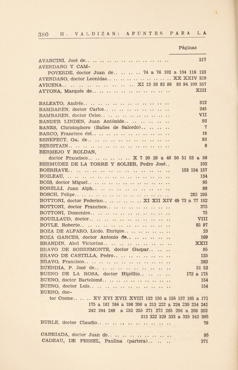 Páginas AVANCINI, José de. AVENDAÑO Y CAM- POVERDE, doctor Juan de AVENDAÑO, doctor Leónidas.. AVICENA. AYTONA, Marqués de. . 217 .. .. 74 a 76 102 a 104 118 123 .XX XXIV 320 .. XI 12 38 82 89 83 94 100 357 . XIII BALEATO, Andrés. 312 BAMBAREN, doctor Carlos. 245 BAMBAREN, doctor Celso. VII BANDER LINDEN, Juan Antónide. 93 BAÑES, Christophoro (Bañes de Salcedo). 7 BARCO, Francisco del. 18 BENEFECT, Gal de.. 93 BERX8TAIN. 8 BERMEJO Y ROLDAN, doctor Francisco.X 7 20 29 a 40 50 51 53 a 56 BERMUDEZ DE LA TORRE Y SOLIER, Pedro José.. 102 BOERHAVE.. . .. 153 154 157 BOILEAU,. 134 BOIS, doctor Miguel. 95 BORELLI, Juan Alph.. 98 BOSCH, Felipe. 282 295 BOTTONI, doctor Federico.XI XII XIV 69 73 a 77 102 BOTTONI, doctor Francisco. 375 BOTTONI, Domenico. 75 BOUILLAUD, doctor. VIII BOYLE, Roberto. 85 97 BOZA. DE ALFARO, Licdo. Enrique. 23 BOZA GAROES, doctor Antonio . 169 BRANDIN, Abel Victorino. XXII BRAVO DE SOBREMONTE, doctor Gaspar. 95 BRAVO DE CASTILLA, Pedro. 135 BRAVO, Francisco. 282 BUENDIA, P. José de. 51 52 BUENO DE LA ROSA, doctor Hipólito. 172 a 175 BUENO, doctor Bartolomé. 154 BUENO, doctor Luis.. .. 154 BUENO, doc¬ tor Cosme.XV XVI XVII XVIII 132 150 a 155 157 165 a 171 175 a 181 184 a 198 206 a 213 222 a 224 230 234 241 242 244 249 a 252 255 271 272 285 296 a 298 302 313 322 329 333 a 335 342 360 BURLE, doctor Claudio. 79 CABRIADA, doctor Juan de.. CADEAU, DE FESSEL, Paulina (partera) 95 271