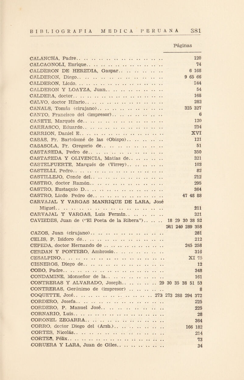 Páginas CALANCHA, Padre. 120 CALCAGNOLI, Enrique. 74 CALDERON DE HEREDIA, Gaspar. 6 188 CALDERON, Diego. 9 65 66 CALDERON, Licdo. 244 CALDERON Y LOAYZA, Juan. 54 CALDERA, doctor.. 168 CALVO, doctor Hilario. 282 CANALS, Tomás (cirujano).. 325 327 CANTO, Francisco del (impresor). 6 CAÑETE, Marqués de. 120 CARRASCO, Eduardo. 234 CARRION, Daniel E. XVI CASAS, Fr. Bartolomé de las (Obispo). 121 CASASOLA, Fr. Gregorio de. 51 CASTAÑEDA, Pedro de. 350 CASTAÑEDA Y OLI VENCI A, Matías de. 321 CASTELFUERTE, Marqués de (Virrey).. .. 103 CASTELLI, Pedro. 82 CASTILLEJO, Conde del. 212 CASTRO, doctor Ramón. 295 CASTRO, Eustaquio D.. .. .. 364 CASTRO, Licdo Pedro de.. .. .. 47 48 88 CARVAJAL Y VARGAS MANRIQUE DE LARA, José Miguel... .. .. 211 CARVAJAL Y VARGAS, Luis Fermín. 321 CAVIEDES, Juan de (“El Poeta de la Ribera”).. 18 29 30 38 52 241 249 289 358 CAZOS, Juan (cirujano). 281 CELIS, P. Isidoro de. 212 CEPEDA, doctor Hernando de... 245 258 CERDAN Y PONTERO, Ambrosio. 316 CESALPINO.. .... .. .. XI 75 CISNEROS, Diego de.. .. 12 COBO, Padre. 348 CONDAMINE, Monseñor de la. 161 CONTRERAS Y AL VARADO, Joseph. 29 30 35 38 51 53 CONTRERAS, Gerónimo de (impresor). 8 COQUETTE, José...272 273 288 294 372 CORDERO, Josefa. 225 CORDERO, P. Manuel José. 225 CORNARIO, Luis... 28 CORONEL ZEGARRA. 364 CORRO, doctor Diego del (Arzb.). 166 182 CORTES, Nicolás. 214 CORTES, Félix. 73 CORUERA Y LARA, Juan de Giles... .. 34