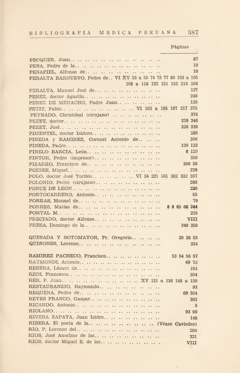 Páginas PECQUER, Juan. 87 PEÑA, Pedro de la. 19 PEÑAFIEL, Alfonso de. 10 PERALTA BARNUEVO, Pedro de.. VI XV 53 a 55 74 75 77 80 102 a 105 108 a 118 132 151 152 216 358 PERALTA, Manuel José de. 127 PEREZ, doctor Agustín. 249 PEREZ DE MENACHO, Padre Juan. 120 PETIT, Pablo.VI 102 a 105 107 217 375 PEYNADO, Christóbal (cirujano) .. 376 PESET, doctor. 219 246 PEZET, José. 320 339 PIMENTEL, doctor Isidoro. 285 PINEDA y RAMIREZ, Coronel Antonio de. 308 PINEDA, Padre. 120 123 PINELO BARCIA, León. 8 120 PINTOR, Pedro (impresor). 350 PIZARRO, Francisco de. 350 55 POIREE, Miguel.. 229 POLO, doctor José Toribio.VI 24 221 261 262 332 357 POLONIO, Pedro (cirujano). 286 PONCE DE LEON. 220 PORTOCARRERO, Antonio. 55 PORRAS, Manuel de... 79 POBRES, Matías de. 8 9 65 66 244 PORTAL M... 225 PRECIADO, doctor Alfonso... .. .. VIII PRESA, Domingo de la. 349 350 QUESADA Y SOTOMAYOR, Fr. Gregorio. 20 28 53 QUIÑONES, Lorenzo. 334 RAMIREZ PACHECO, Francisco... 53 54 56 57 RAYMONDI, Antonio. 69 72 REBEBA, Lázaro de. 193 REDI, Francesco. 354 RER, P. Juan.XV 131 a 136 148 a 150 RESTAURANZIO, Raymundo. 93 REQUENA, Pedro de. 60 364 REYES FRANCO, Gaspar. 363 RICARDO, Antonio. 5 RIOLANO. 93 99 RIVERA ZAPATA, Juan Isidro. 148 RIBERA, El poeta de la.(Véase Caviedes) RIO, P. Lorenzo del. 284 RIOS, José Anselmo de los. 321 RIOS, doctor Miguel E. de los. VIH