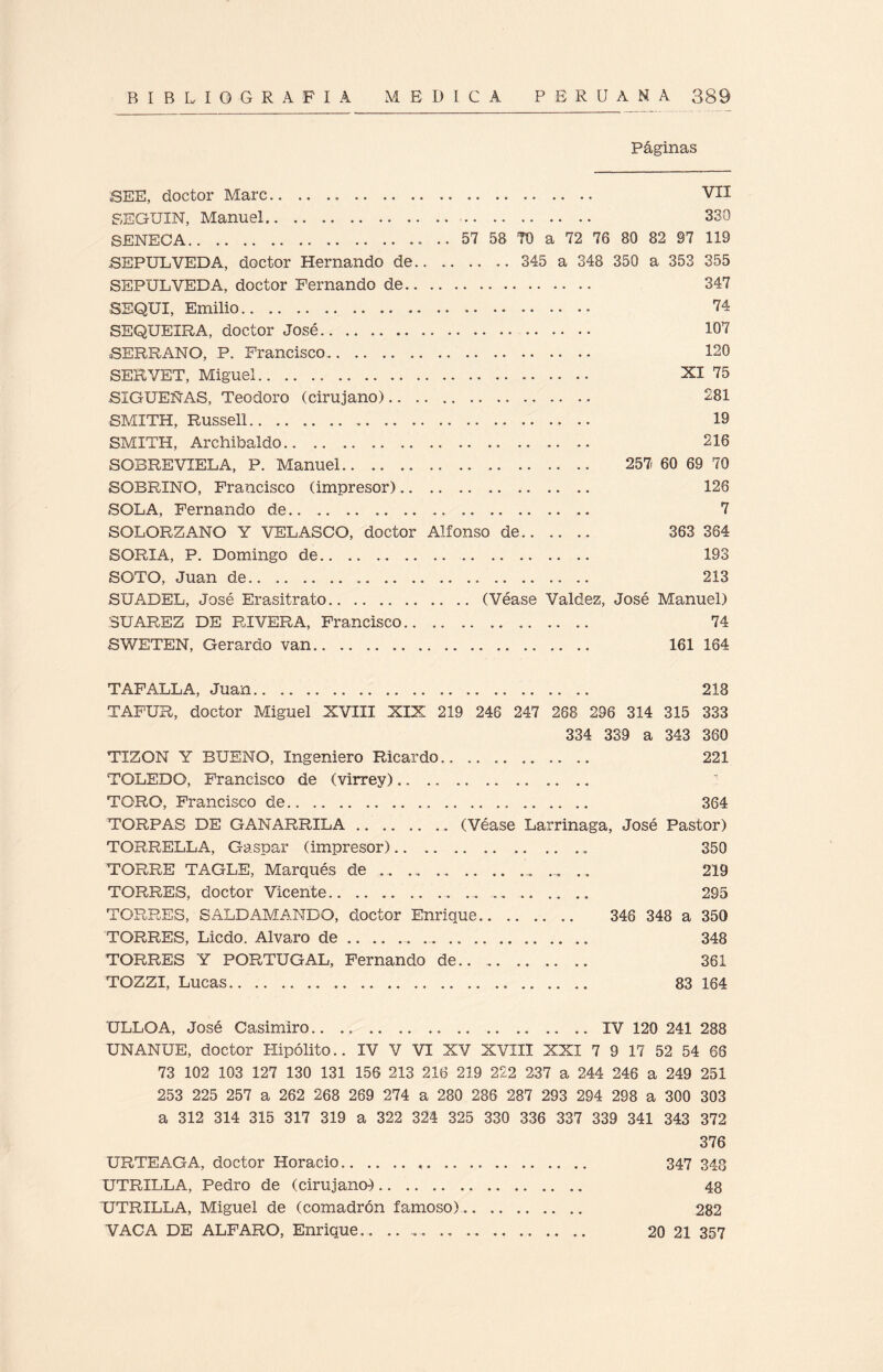 Páginas SEE, doctor Marc. VII SEGUIN, Manuel. 330 SENECA. 57 58 70 a 72 76 80 82 97 119 SEPULVEDA, doctor Hernando de.. .. .. .. 345 a 348 350 a 353 355 SEPULVEDA, doctor Fernando de. 347 SEQUX, Emilio. 74 SEQUEIRA, doctor José. 107 SERRANO, P. Francisco.. 120 SERVET, Miguel. XI 75 SXGUEÑAS, Teodoro (cirujano). 281 SMXTH, Russell. 19 SMITH, Archibaldo. 216 SQBREVXELA, P. Manuel. 257 60 69 70 SOBRINO, Francisco (impresor). 128 SOLA, Fernando de. 7 SOLORZANO Y VELASCO, doctor Alfonso de. 363 384 SORIA, P. Domingo de. 193 SOTO, Juan de. 213 SXJADEL, José Erasitrato.(Véase Valdez, José Manuel) SUAREZ DE RIVERA, Francisco. 74 SWETEN, Gerardo van. 161 164 TAFALLA, Juan. 218 TAFUR, doctor Miguel XVIII XIX 219 246 247 268 298 314 315 333 334 339 a 343 360 TIZON Y BUENO, Ingeniero Ricardo.. .. 221 TOLEDO, Francisco de (virrey). TORO, Francisco de. 364 TORPAS DE GANARRILA.(Véase Larrinaga, José Pastor) TORRELLA, Gaspar (impresor).. 350 TORRE TAGLE, Marqués de ... ... ... .... ... 219 TORRES, doctor Vicente. 295 TORRES, SALDAMANDO, doctor Enrique. 346 348 a 350 TORRES, Licdo. Alvaro de.. ... .. 348 TORRES Y PORTUGAL, Fernando de.. .. 361 ’TOZZI, Lucas. 83 184 ULLOA, José Casimiro.IV 120 241 288 UNANUE, doctor Hipólito.. IV V VI XV XVIII XXI 7 9 17 52 54 68 73 102 103 127 130 131 156 213 216 219 222 237 a 244 246 a 249 251 253 225 257 a 262 268 289 274 a 280 288 287 293 294 298 a 300 303 a 312 314 315 317 319 a 322 324 325 330 336 337 339 341 343 372 376 URTEAGA, doctor Horacio... 347 343 UTRILLA, Pedro de (cirujano-).. 43 UTRXLLA, Miguel de (comadrón famoso).. 282 VACA DE ALFARO, Enrique.. 20 21 357