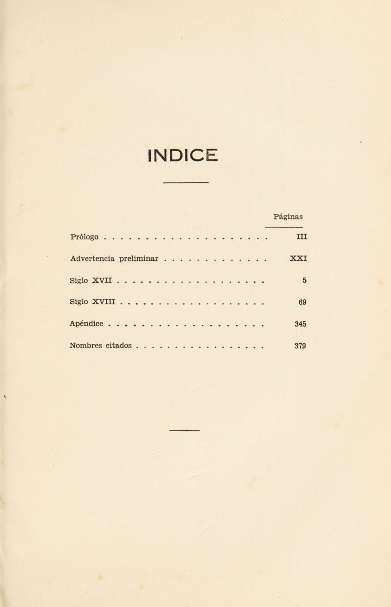 INDICE Páginas Prólogo. III Advertencia preliminar .. XXI Siglo XVII. 5 Siglo XVIII ...». 69 Apéndice. 345 Nombres citados 379