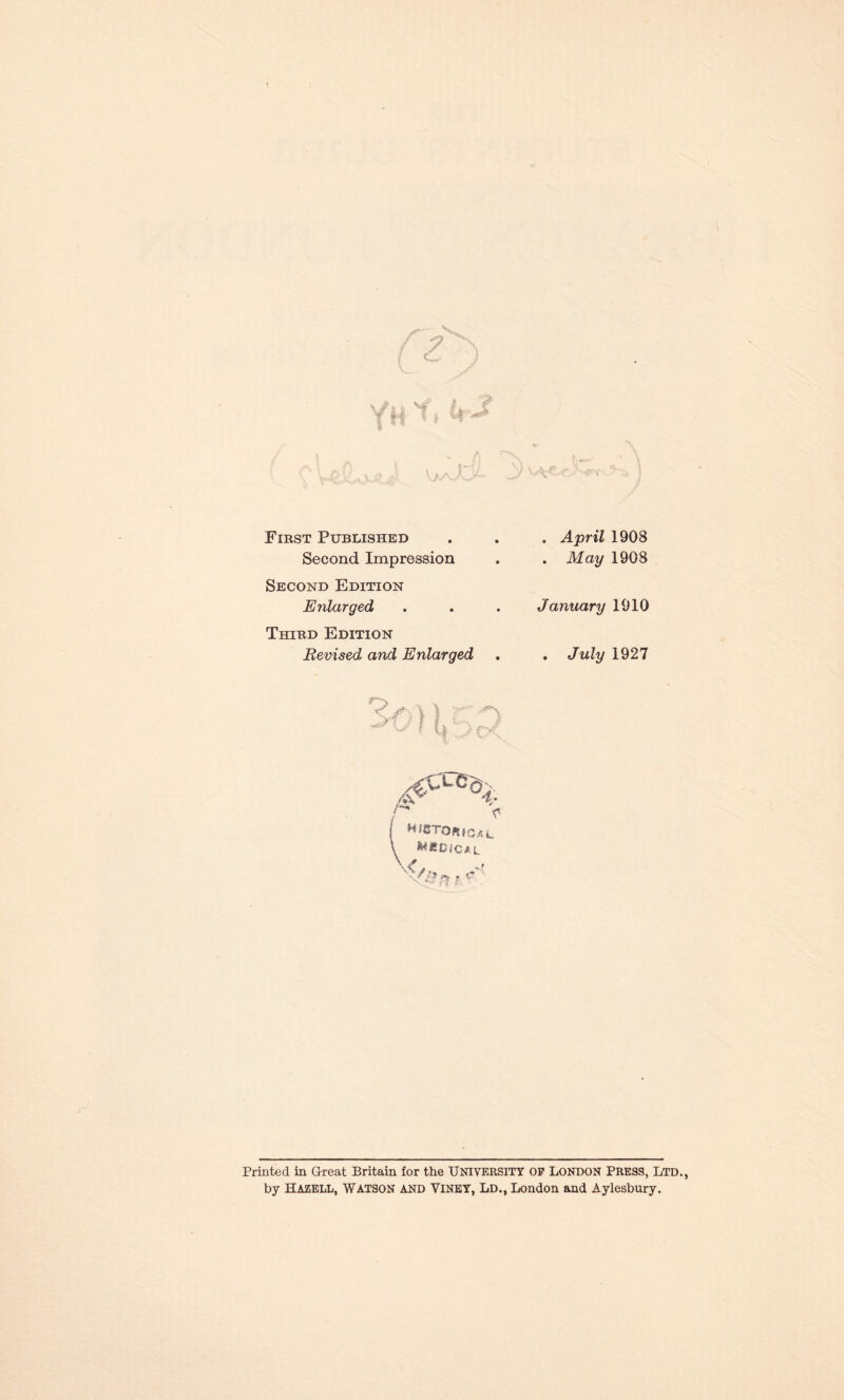 II vfr * First Published Second Impression Second Edition Enlarged Third Edition Revised and Enlarged ,4- ^ r- hibtokical HBDICAL \</r, ?f * . April 1908 . May 1908 January 1910 . July 1927 Printed in G-reat Britain for the UNIVERSITY OP LONDON PRESS, LTD., by Hazell, Watson and Yiney, Ld., London and Aylesbury.