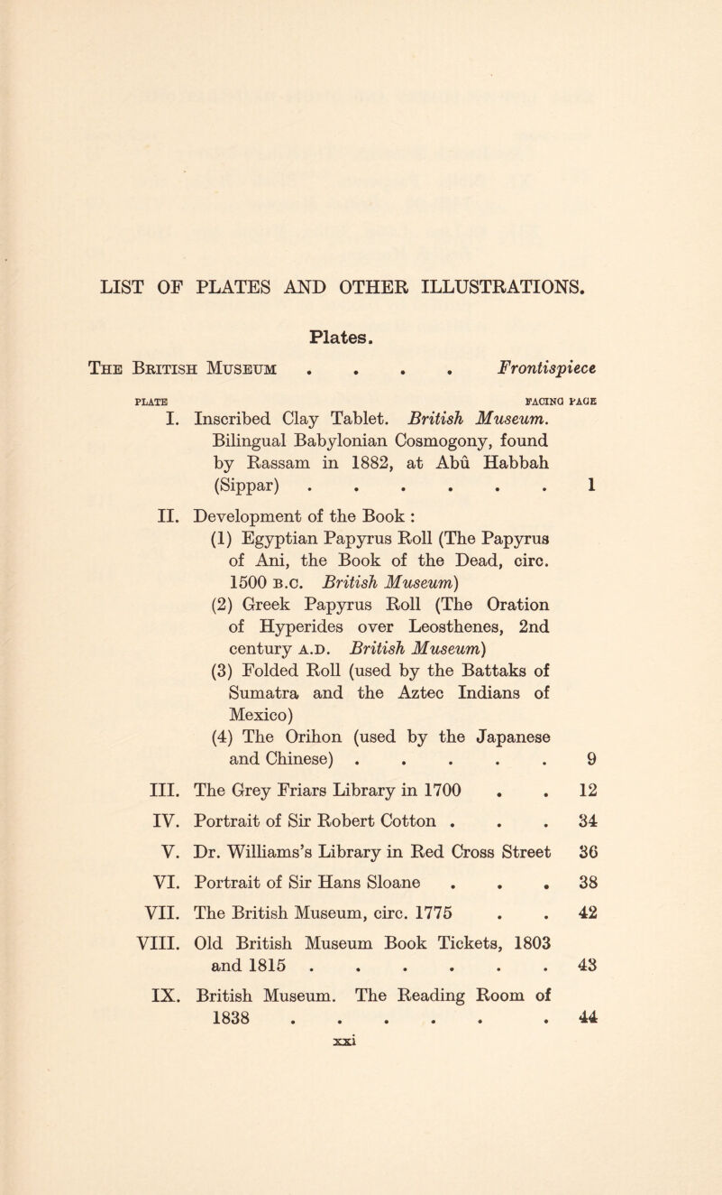 LIST OF PLATES AND OTHER ILLUSTRATIONS. Plates. The British Museum .... Frontispiece PLATE PACINO PAOE I. Inscribed Clay Tablet. British Museum. Bilingual Babylonian Cosmogony, found by Rassam in 1882, at Abu Habbah (Sippar) ...... 1 II. Development of the Book : (1) Egyptian Papyrus Roll (The Papyrus of Ani, the Book of the Dead, circ. 1500 b.c. British Museum) (2) Greek Papyrus Roll (The Oration of Hyperides over Leosthenes, 2nd century a.d. British Museum) (3) Folded Roll (used by the Battaks of Sumatra and the Aztec Indians of Mexico) (4) The Orihon (used by the Japanese and Chinese) .... • 9 III. The Grey Friars Library in 1700 • 12 IV. Portrait of Sir Robert Cotton . • 34 V. Dr. Williams’s Library in Red Cross Street 36 VI. Portrait of Sir Hans Sloane 9 38 VII. The British Museum, circ. 1775 • 42 VIII. Old British Museum Book Tickets, and 1815 ..... 1803 • 43 IX. British Museum. The Reading Room of 1838 . • • • « . 44