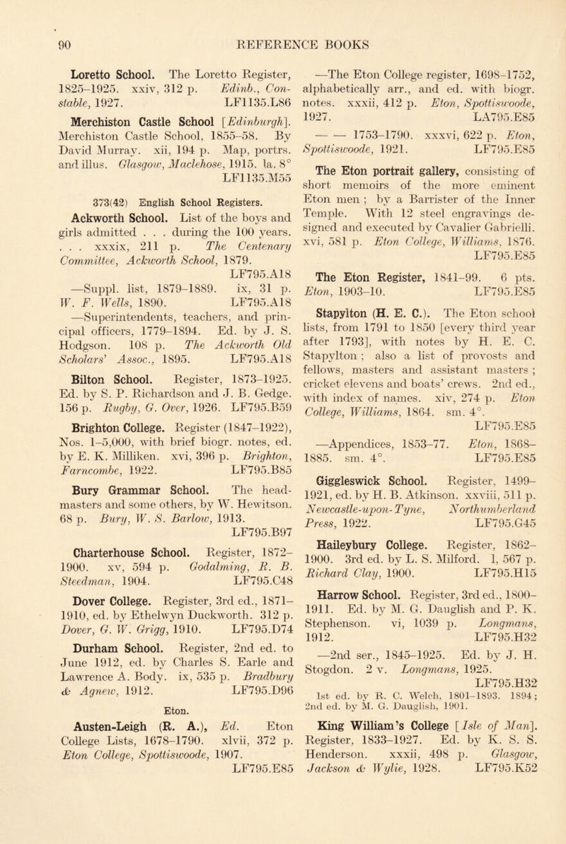Loretto School. The Loretto Register, 1825-1925. xxiv, 312 p. Edinb., Con¬ stable, 1927. LF1135.L86 Merchiston Castle School [Edinburgh]. Merchiston Castle School, 1855-58. By David Murray, xii, 194 p. Map, portrs. andillus. Glasgow, Maxlehose, 1915. la. 8° LE1135.M55 373(42) English School Registers. Ackworth School. List of the boys and girls admitted . . . during the 100 years. . . . xxxix, 211 p. The Centenary Committee, Aekworth School, 1879. LF795.A18 —Suppl. list, 1879-1889. ix, 31 p. W. F. Wells, 1890. LF795.A18 —Superintendents, teachers, and prin¬ cipal officers, 1779-1894. Ed. by J. S. Hodgson. 108 p. The Aekworth Old Scholars’ Assoc., 1895. LE795.A18 Bilton School. Register, 1873-1925. Ed. by S. P. Richardson and J. B. Gedge. 156 p. Rugby, G. Over, 1926. LF795.B59 Brighton College. Register (1847-1922), Nos. 1-5,000, with brief biogr. notes, ed. by E. K. Milliken. xvi, 396 p. Brighton, Farncombe, 1922. LE795.B85 Bury Grammar School. The head¬ masters and some others, by W. Hewitson, 68 o. Bury, W. S. Barlow, 1913. LF795.B97 Charterhouse School. Register, 1872- 1900. xv, 594 p. Godaiming, R. B. Steedman, 1904. LF795.C48 Dover College. Register, 3rd ed., 1871— 1910, ed. by Ethelwyn Duckworth. 312 p. Dover, G. W. Grigg, 1910. LF795.D74 Durham School. Register, 2nd ed. to June 1912, ed. by Charles S. Earle and Lawrence A. Body, ix, 535 p. Bradbury & Agnew, 1912. LF795.D96 Eton, Austen-Leigh (R. A.), Ed. Eton College Lists, 1678-1790. xlvii, 372 p. Eton College, Spottiswoode, 1907. LE795.E85 —The Eton College register, 1698-1752, alphabetically arr., and ed. with biogr. notes, xxxii, 412 p. Eton, Spottiswoode, 1927. LA795.E85 - 1753-1790. xxxvi, 622 p. Eton, Spottiswoode, 1921. LF795.E85 The Eton portrait gallery, consisting of short memoirs of the more eminent Eton men ; by a Barrister of the Inner Temple. With 12 steel engravings de¬ signed and executed by Cavalier Gabrielli. xvi, 581 p. Eton College, Williams, 1876. LF795.E85 The Eton Register, 1841-99. 6 pts. Eton, 1903-10. LF795.E85 Stapylton (H. E. C.). The Eton school lists, from 1791 to 1850 [every third year after 1793], with notes by H, E. C. Stapylton ; also a list of provosts and fellows, masters and assistant masters ; cricket elevens and boats’ crews. 2nd ed., with index of names, xiv, 274 p. Eton College, Williams, 1864. sm. 4°. LF795.E85 —Appendices, 1853-77. Eton, 1868- 1885. sm. 4°. LF795.E85 Giggleswiek School. Register, 1499- 1921, ed. by H. B. Atkinson, xxviii, 511 p. N ewcastle-upon- Tyne, Nbrthumberland Press, 1922. ' LF795.G45 Haileybury College. Register, 1862- 1900. 3rd ed. by L. S. Milford. 1, 567 p. Richard Clay, 1900. LF795.H15 Harrow School. Register, 3rd ed., 1800- 1911. Ed. by M. G. Dauglish and P. K. Stephenson. vi, 1039 p. Longmans, 1912. LF795.H32 —2nd ser., 1845-1925. Ed. by J. H. Stogdon. 2 v. Longmans, 1925. LF795.H32 1st ed. by R. C. Welch, 1801-1893. 1894; 2nd ed. by M. G. Dauglish, 1901. King William’s College [Isle of Man]. Register, 1833-1927. Ed. by K. S. S. Henderson. xxxii, 498 p. Glasgow, Jackson & Wylie, 1928. LF795.K52