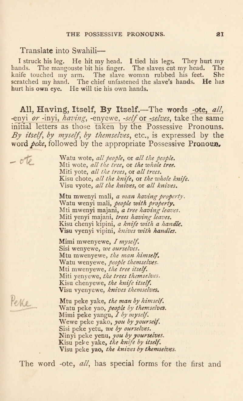 Translate into Swahili— I struck his leg. He hit my head. I tied his legs. They hurt my hands. The mangouste bit his finger. The slaves cut my head. The knife touched my arm. The slave woman rubbed his feet. She scratched my hand. The chief unfastened the slave’s hands. He has hurt his own eye. He will tie his own hands. All, Having, Itself, By Itself.—The words -_ote, all, -enyi or -inyi, having, -enyewe, -self or -selves, take the same initial letters as those taken by the Possessive Pronouns. By itself, by 7nyself, by themselves, etc., is expressed by the word peke, followed by the appropriate Possessive Pronoun* Watu wote, all people, or all the people, Mti wote, all the tree, or the whole tree. Miti yote, all the trees, or all trees. Kisu chote, all the knife, or the whole knife. Visu vyote, all the knives, or all knives, Mtu mwenyi mali, a man having property. Watu wenyi mali, people with property. Mti mwenyi majani, a tree having leaves. Miti yenyi majani, trees having leaves. Kisu chenyi kipini, a knife with a ha7tdle. Visu vyenyi vipini, knives with handles. Mimi mwenyewe, / myself. Sisi wenyewe, we ourselves. Mtu mwenyewe, the man himself. Watu wenyewe, people themselves. Mti mwenyewe, the tree itself. Miti yenyewe, the trees themselves. Kisu chenyewe, the knife itself. Visu vyenyewe, knives thejnselves. Mtu peke yake, the man by himself. Watu peke yao, people by themselves. Mimi peke yangu, / by myself Wewe peke yako, you by yourself Sisi peke yetu, we by ourselves. Ninyi peke yenu, you by yourselves. Kisu peke yake, the k7iife by itself. Visu peke yao, the knives by themselves. The word -ote, all, has special forms for the first and