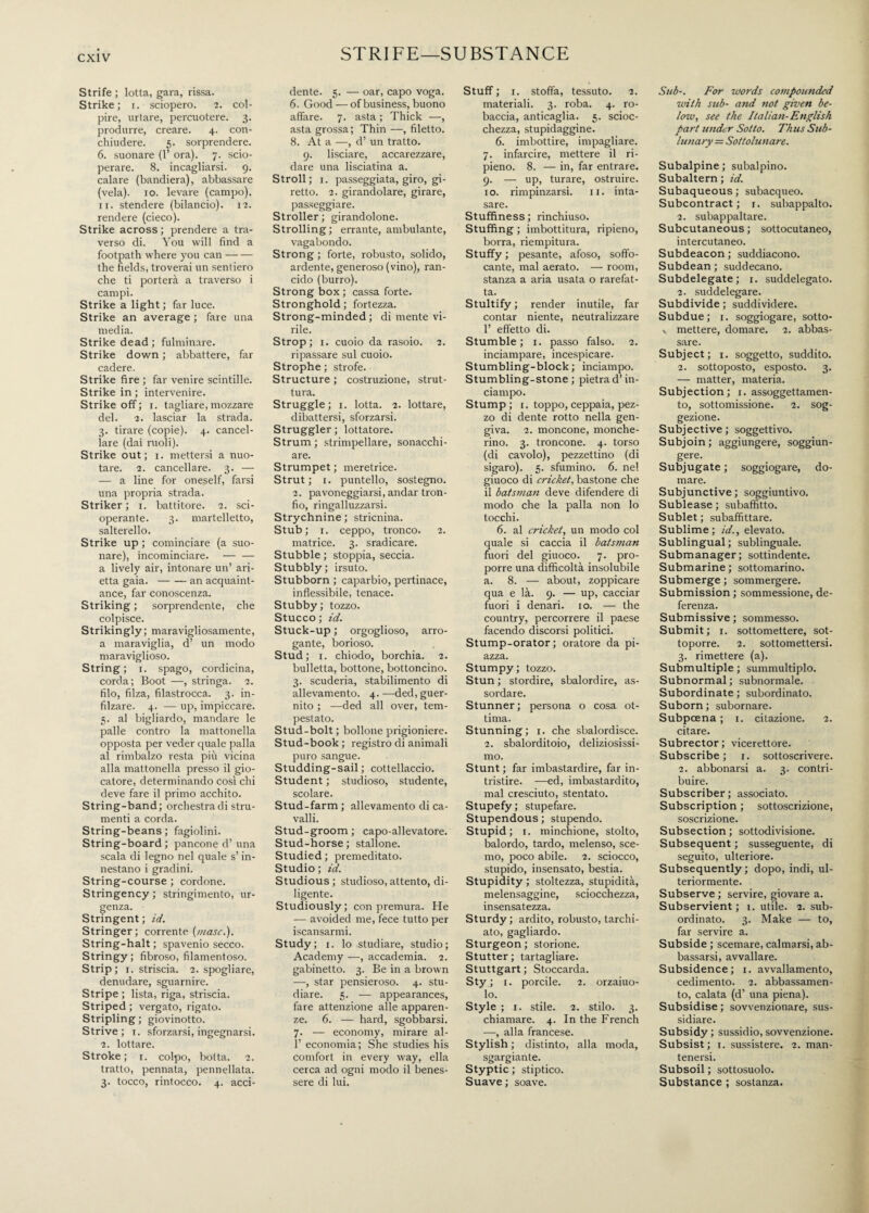 STRIFE—SUBSTANCE Strife ; lotta, gara, rissa. Strike; i. sciopero. 2. col¬ pire, urtare, percuotere. 3. produrre, creare. 4. con¬ chiudere. 5. sorprendere. 6. suonare (1’ ora). 7. scio¬ perare. 8. incagliarsi. 9. calare (bandiera), abbassare (vela), io. levare (campo). 11. stendere (bilancio). 12. rendere (cieco). Strike across; prendere a tra¬ verso di. You will find a footpath where you can- the fields, troverai un sentiero che ti porterà a traverso i campi. Strike a light ; far luce. Strike an average ; fare una media. Strike dead ; fulminare. Strike down ; abbattere, far cadere. Strike fire ; far venire scintille. Strike in ; intervenire. Strike off ; 1. tagliare, mozzare del. 2. lasciar la strada. 3. tirare (copie). 4. cancel¬ lare (dai ruoli). Strike out; 1. mettersi a nuo¬ tare. 2. cancellare. 3. — — a line for oneself, farsi una propria strada. Striker; 1. battitore. 2. sci¬ operante. 3. martelletto, salterello. Strike up ; cominciare (a suo¬ nare), incominciare.- a lively air, intonare un’ ari¬ etta gaia.-an acquaint¬ ance, far conoscenza. Striking ; sorprendente, che colpisce. Strikingly; maravigliosamente, a maraviglia, d’ un modo maraviglioso. String; 1. spago, cordicina, corda; Boot —, stringa. 2. filo, filza, filastrocca. 3. in¬ filzare. 4. — up, impiccare. 5. al bigliardo, mandare le palle contro la mattonella opposta per veder quale palla al rimbalzo resta più vicina alla mattonella presso il gio¬ catore, determinando così chi deve fare il primo acchito. String-band; orchestra di stru¬ menti a corda. String-beans ; fagiolini. String-board ; pancone d’ una scala di legno nel quale s’in¬ nestano i gradini. String-course ; cordone. Stringency ; stringimento, ur¬ genza. Stringent ; id. Stringer; corrente (masc.). String-halt ; spavenio secco. Stringy ; fibroso, filamentoso. Strip; 1. striscia. 2. spogliare, denudare, sguarnire. Stripe ; lista, riga, striscia. Striped ; vergato, rigato. Stripling; giovinotto. Strive; 1. sforzarsi, ingegnarsi. 2. lottare. Stroke; 1. colpo, botta. 2. tratto, pennata, pennellata. 3. tocco, rintocco. 4. acci¬ dente. 5. — oar, capo voga. 6. Good — of business, buono affare. 7. asta ; Thick —, asta grossa ; Thin —, filetto. 8. At a —, d’ un tratto. 0. lisciare, accarezzare, dare una lisciatina a. Stroll; 1. passeggiata, giro, gi¬ retto. 2. girandolare, girare, passeggiare. Stroller ; girandolone. Strolling; errante, ambulante, vagabondo. Strong ; forte, robusto, solido, ardente, generoso (vino), ran¬ cido (burro). Strong box ; cassa forte. Stronghold ; fortezza. Strong-minded ; di mente vi¬ rile. Strop; 1. cuoio da rasoio. 2. ripassare sul cuoio. Strophe ; strofe. Structure ; costruzione, strut¬ tura. Struggle; 1. lotta. 2. lottare, dibattersi, sforzarsi. Struggler ; lottatore. Strum ; strimpellare, sonacchi- are. Strumpet; meretrice. Strut; 1. puntello, sostegno. 2. pavoneggiarsi, andar tron¬ fio, ringalluzzarsi. Strychnine ; stricnina. Stub; 1. ceppo, tronco. 2. matrice. 3. sradicare. Stubble ; stoppia, seccia. Stubbly ; irsuto. Stubborn ; caparbio, pertinace, inflessibile, tenace. Stubby; tozzo. Stucco ; id. Stuck-up ; orgoglioso, arro¬ gante, borioso. Stud; 1. chiodo, borchia. 2. bulletta, bottone, bottoncino. 3. scuderia, stabilimento di allevamento. 4. —ded, guer- nito ; —ded all over, tem¬ pestato. Stud-bolt ; bollone prigioniere. Stud-book ; registro di animali puro sangue. Studding-sail; cottellaccio. Student ; studioso, studente, scolare. Stud-farm ; allevamento di ca¬ valli. Stud-groom ; capo-allevatore. Stud-horse; stallone. Studied; premeditato. Studio; id. Studious ; studioso, attento, di¬ ligente. Studiously; con premura. He — avoided me, fece tutto per iscansarmi. Study; 1. lo studiare, studio; Academy -—, accademia. 2. gabinetto. 3. Be in a brown —, star pensieroso. 4. stu¬ diare. 5. — appearances, fare attenzione alle apparen¬ ze. 6. — hard, sgobbarsi. 7. — economy, mirare al- 1’ economia; She studies his comfort in every way, ella cerca ad ogni modo il benes¬ sere di lui. Stuff; 1. stoffa, tessuto. 2. materiali. 3. roba. 4. ro¬ baccia, anticaglia. 5. scioc¬ chezza, stupidaggine. 6. imbottire, impagliare. 7. infarcire, mettere il ri¬ pieno. 8. — in, far entrare. 9. — up, turare, ostruire. 10. rimpinzarsi. 11. inta¬ sare. Stuffiness; rinchiuso. Stuffing ; imbottitura, ripieno, borra, riempitura. Stuffy ; pesante, afoso, soffo¬ cante, mal aerato. — room, stanza a aria usata o rarefat¬ ta. Stultify ; render inutile, far contar niente, neutralizzare 1’ effetto di. Stumble; 1. passo falso. 2. inciampare, incespicare. Stumbling-block; inciampo. Stumbling-stone; pietra d’in¬ ciampo. Stump; 1. toppo, ceppaia, pez¬ zo di dente rotto nella gen¬ giva. 2. moncone, monche¬ rino. 3. troncone. 4. torso (di cavolo), pezzettino (di sigaro). 5. sfumino. 6. nel giuoco di cricket, bastone che il batsman deve difendere di modo che la palla non lo tocchi. 6. al cricket, un modo col quale si caccia il batsman fuori del giuoco. 7. pro¬ porre una difficoltà insolubile a. 8. — about, zoppicare qua e là. 9. — up, cacciar fuori i denari, io. — the country, percorrere il paese facendo discorsi politici. Stump-orator ; oratore da pi¬ azza. Stumpy; tozzo. Stun ; stordire, sbalordire, as¬ sordare. Stunner; persona o cosa ot¬ tima. Stunning; 1. che sbalordisce. 2. sbalorditoio, deliziosissi¬ mo. Stunt ; far imbastardire, far in¬ tristire. —ed, imbastardito, mal cresciuto, stentato. Stupefy; stupefare. Stupendous ; stupendo. Stupid; 1. minchione, stolto, balordo, tardo, melenso, sce¬ mo, poco abile. 2. sciocco, stupido, insensato, bestia. Stupidity ; stoltezza, stupidità, melensaggine, sciocchezza, insensatezza. Sturdy; ardito, robusto, tarchi¬ ato, gagliardo. Sturgeon ; storione. Stutter; tartagliare. Stuttgart ; Stoccarda. Sty ; 1. porcile. 2. orzaiuo¬ lo. Style ; 1. stile. 2. stilo. 3. chiamare. 4. In the French —, alla francese. Stylish ; distinto, alla moda, sgargiante. Styptic ; stiptico. Suave ; soave. Sub-. For words compounded with sub- and not given be¬ low, see the Italian-English part under Sotto. Thus Sub¬ lunary = Sottolunare. Subalpine ; subalpino. Subaltern ; id. Subaqueous ; subacqueo. Subcontract; r. subappalto. 2. subappaltare. Subcutaneous ; sottocutaneo, intercutaneo. Subdeacon ; suddiacono. Subdean ; suddecano. Subdelegate; 1. suddelegato. 2. suddelegare. Subdivide ; suddividere. Subdue; 1. soggiogare, sotto- % mettere, domare. 2. abbas¬ sare. Subject; 1. soggetto, suddito. 2. sottoposto, esposto. 3. — matter, materia. Subjection; 1. assoggettamen¬ to, sottomissione. 2. sog¬ gezione. Subjective ; soggettivo. Subjoin; aggiungere, soggiun¬ gere. Subjugate; soggiogare, do¬ mare. Subjunctive ; soggiuntivo. Sublease ; subaffitto. Sublet ; subaffittare. Sublime; id., elevato. Sublinguai ; sublinguale. Submanager; sottindente. Submarine ; sottomarino. Submerge ; sommergere. Submission; sommessione, de¬ ferenza. Submissive ; sommesso. Submit; 1. sottomettere, sot¬ toporre. 2. sottomettersi. 3. rimettere (a). Submultiple ; summultiplo. Subnormal ; subnormale. Subordinate ; subordinato. Suborn ; subornare. Subpoena; 1. citazione. 2. citare. Subrector; vicerettore. Subscribe; 1. sottoscrivere. 2. abbonarsi a. 3. contri¬ buire. Subscriber ; associato. Subscription ; sottoscrizione, soscrizione. Subsection ; sottodivisione. Subsequent ; susseguente, di seguito, ulteriore. Subsequently; dopo, indi, ul¬ teriormente. Subserve ; servire, giovare a. Subservient ; 1. utile. 2. sub¬ ordinato. 3. Make — to, far servire a. Subside ; scemare, calmarsi, ab¬ bassarsi, avvallare. Subsidence; 1. avvallamento, cedimento. 2. abbassamen¬ to, calata (d’ una piena). Subsidise ; sovvenzionare, sus¬ sidiare. Subsidy ; sussidio, sovvenzione. Subsist; 1. sussistere. 2. man¬ tenersi. Subsoil ; sottosuolo. Substance ; sostanza.