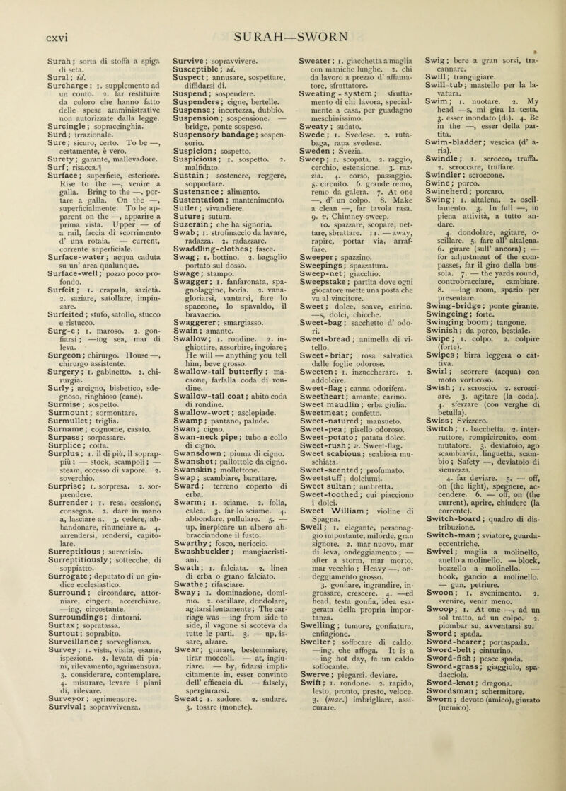 SURAH—SWORN Surah ; sorta di stoffa a spiga di seta. Sural ; id. Surcharge; i. supplemento ad un conto, 2. far restituire da coloro che hanno fatto delle spese amministrative non autorizzate dalla legge. Surcingle ; sopraccinghia. Surd ; irrazionale. Sure ; sicuro, certo. To be —, certamente, è vero. Surety; garante, mallevadore. Surf; risacca.) Surface ; superficie, esteriore. Rise to the —, venire a galla. Bring to the —, por¬ tare a galla. On the —, superficialmente. To be ap¬ parent on the —, apparire a prima vista. Upper — of a rail, faccia di scorrimento d’ una rotaia. — current, corrente superficiale. Surface-water; acqua caduta su un’ area qualunque. Surface-well ; pozzo poco pro¬ fondo. Surfeit; i. crapula, sazietà. 2. saziare, satollare, impin¬ zare. Surfeited ; stufo, satollo, stucco e ristucco. Surg-e; i. maroso. 2. gon¬ fiarsi ; —ing sea, mar di leva. Surgeon ; chirurgo. House —, chirurgo assistente. Surgery; 1. gabinetto. 2. chi¬ rurgia. Surly ; arcigno, bisbetico, sde¬ gnoso, ringhioso (cane). Surmise ; sospetto. Surmount ; sormontare. Surmullet; triglia. Surname ; cognome, casato. Surpass ; sorpassare. Surplice ; cotta. Surplus ; 1. il di più, il soprap- più ; — stock, scampoli ; — steam, eccesso di vapore. 2. soverchio. Surprise; x. sorpresa. 2. sor¬ prendere. Surrender; 1. resa, cessione, consegna. 2. dare in mano a, lasciare a. 3. cedere, ab¬ bandonare, rinunciare a. 4. arrendersi, rendersi, capito¬ lare. Surreptitious; surretizio. Surreptitiously; sottecche, di soppiatto. Surrogate ; deputato di un giu¬ dice ecclesiastico. Surround ; circondare, attor¬ niare, cingere, accerchiare. —ing, circostante Surroundings; dintorni. Surtax ; sopratassa. Surtout ; soprabito. Surveillance ; sorveglianza. Survey; 1. vista, visita, esame, ispezione. 2. levata di pia¬ ni, rilevamento, agrimensura. 3. considerare, contemplare. 4. misurare, levare i piani di, rilevare. Surveyor ; agrimensore. Survival ; sopravvivenza. Survive ; sopravvivere. Susceptible ; id. Suspect ; annusare, sospettare, diffidarsi di. Suspend ; sospendere. Suspenders ; cigne, bertelle. Suspense ; incertezza, dubbio. Suspension ; sospensione. — bridge, ponte sospeso. Suspensory bandage; sospen¬ sorio. Suspicion; sospetto. Suspicious; i. sospetto. 2. malfidato. Sustain ; sostenere, reggere, sopportare. Sustenance ; alimento. Sustentation ; mantenimento. Sutler; vivandiere. Suture ; sutura. Suzerain ; che ha signoria. Swab ; 1. strofinaccio da lavare, radazza. 2. radazzare. Swaddling-clothes; fasce. Swag; r. bottino. 2. bagaglio portato sul dosso. Swage; stampo. Swagger; 1. fanfaronata, spa- gnolaggine, boria. 2. vana¬ gloriarsi, vantarsi, fare lo spaccone, lo spavaldo, il bravaccio. Swaggerer ; smargiasso. Swain ; amante. Swallow; 1. rondine. 2. in¬ ghiottire, assorbire, ingoiare ; He will — anything you tell him, beve grosso. Swallow-tail butterfly ; ma¬ caone, farfalla coda di ron¬ dine. Swallow-tail coat ; abito coda di rondine. Swallow-wort ; asclepiade. Swamp ; pantano, palude. Swan ; cigno. Swan-neck pipe; tubo a collo di cigno. Swansdown ; piuma di cigno. Swanshot ; pallottole da cigno. Swanskin ; mollettone. Swap ; scambiare, barattare. Sward ; terreno coperto di erba. Swarm; 1. sciame. 2. folla, calca. 3. far lo sciame. 4. abbondare, pullulare. 5. — up, inerpicare un albero ab¬ bracciandone il fusto. Swarthy ; fosco, nericcio. Swashbuckler ; mangiacristi¬ ani. Swath; 1. falciata. 2. linea di erba o grano falciato. Swathe; rifasciare. Sway; 1. dominazione, domi¬ nio. 2. oscillare, dondolare, agitarsi lentamente ; The car¬ riage was —ing from side to side, il vagone si scoteva da tutte le parti. 3. — up, is¬ sare, alzare. Swear ; giurare, bestemmiare, tirar moccoli. — at, ingiu¬ riare. — by, fidarsi impli¬ citamente in, esser convinto dell’ efficacia di. — falsely, spergiurarsi. Sweat; 1. sudore. 2. sudare. 3. tosare (monete). Sweater; 1. giacchetta a maglia con maniche lunghe. 2. chi da lavoro a prezzo d’ affama¬ tore, sfruttatore. Sweating - system ; sfrutta¬ mento di chi lavora, special- mente a casa, per guadagno meschinissimo. Sweaty ; sudato. Swede ; 1. Svedese. 2. ruta¬ baga, rapa svedese. Sweden ; Svezia. Sweep ; 1. scopata. 2. raggio, cerchio, estensione. 3. raz¬ zia. 4. corso, passaggio. 5. circuito. 6. grande remo, remo da galera. 7. At one —, d’ un colpo. 8. Make a clean —, far tavola rasa. 9. v. Chimney-sweep. io. spazzare, scopare, net¬ tare, sbrattare. 11. — away, rapire, portar via, arraf¬ fare. Sweeper; spazzino. Sweepings ; spazzatura. Sweep-net ; giacchio. Sweepstake ; partita dove ogni giocatore mette una posta che va al vincitore. Sweet ; dolce, soave, carino. —s, dolci, chicche. Sweet-bag ; sacchetto d’ odo¬ ri. Sweet-bread ; animella di vi¬ tello. Sweet-briar; rosa salvatica dalle foglie odorose. Sweeten; 1. inzuccherare. 2. addolcire. Sweet-flag ; canna odorifera. Sweetheart ; amante, carino. Sweet maudlin ; erba giuba. Sweetmeat ; confetto. Sweet-natured; mansueto. Sweet-pea; pisello odoroso. Sweet-potato; patata dolce. Sweet-rush; v. Sweet-flag. Sweet scabious ; scabiosa mu¬ schiata. Sweet-scented; profumato. Sweetstuff ; dolciumi. Sweet sultan ; ambretta. Sweet-toothed; cui piacciono i dolci. Sweet William ; violine di Spagna. Swell ; 1. elegante, personag¬ gio importante, milorde, gran signore. 2. mar nuovo, mar di leva, ondeggiamento ; — after a storm, mar morto, mar vecchio ; Heavy —, on¬ deggiamento grosso. 3. gonfiare, ingrandire, in¬ grossare, crescere. 4. —ed head, testa gonfia, idea esa¬ gerata della propria impor¬ tanza. Swelling ; tumore, gonfiatura, enfiagione. Swelter ; soffocare di caldo. —ing, che affoga. It is a —ing hot day, fa un caldo soffocante. Swerve; piegarsi, deviare. Swift; 1. rondone. 2. rapido, lesto, pronto, presto, veloce. 3. (mar.) imbrigliare, assi¬ curare. Swig; bere a gran sorsi, tra¬ cannare. Swill ; trangugiare. Swill-tub ; mastello per la la¬ vatura. Swim; 1. nuotare. 2. My head —s, mi gira la testa. 3. esser inondato (di). 4. Be in the —, esser della par¬ tita. Swim-bladder; vescica (d’ a- ria). Swindle ; 1. scrocco, truffa. 2. scroccare, truffare. Swindler; scroccone. Swine; porco. Swineherd; porcaro. Swing; 1. altalena. 2. oscil¬ lamento. 3. In full —, in piena attività, a tutto an¬ dare. 4. dondolare, agitare, o- sciilare. 5. fare all’ altalena. 6. girare (sull’ ancora) ; — for adjustment of the com¬ passes, far il giro della bus¬ sola. 7. — the yards round, controbracciare, cambiare. 8. —ing room, spazio per presentare. Swing-bridge ; ponte girante. Swingeing; forte. Swinging boom ; tangone. Swinish ; da porco, bestiale. Swipe ; 1. colpo. 2. colpire (forte). Swipes ; birra leggera o cat¬ tiva. Swirl ; scorrere (acqua) con moto vorticoso. Swish; 1. scroscio. 2. scrosci¬ are. 3. agitare (la coda). 4. sferzare (con verghe di betulla). Swiss ; Svizzero. Switch; 1. bacchetta. 2. inter¬ ruttore, rompicircuito, com¬ mutatore. 3. deviatoio, ago scambiavia, linguetta, scam¬ bio ; Safety —, deviatoio di sicurezza. 4. far deviare. 5. — off, on (the light), spegnere, ac¬ cendere. 6. — off, on (the current), aprire, chiudere (la corrente). Switch-board; quadro di dis¬ tribuzione. Switch-man ; sviatore, guarda- eccentriche. Swivel ; maglia a molinello, anello a molinello. —block, bozzello a molinello. — hook, gancio a molinello. — gun, petriere. Swoon; 1. svenimento. 2. svenire, venir meno. Swoop ; 1. At one —, ad un sol tratto, ad un colpo. 2. piombar su, avventarsi su. Sword ; spada. Sword-bearer; portaspada. Sword-belt ; cinturino. Sword-fish ; pesce spada. Sword-grass; giaggiolo, spa- dacciola. Sword-knot ; dragona. Swordsman; schermitore. Sworn; devoto (amico),giurato (nemico).