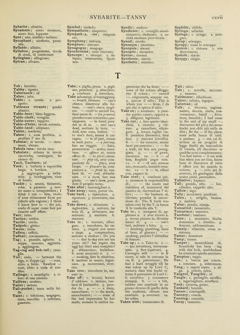 SYBARITE—TANSY Sybarite ; sibarita. Sycamore ; acero sicomoro, acero fico, loppone. Syce ; sais, scudiero indiano. Sycophant ; sicofante, paras¬ sita. Syllable ; sillabo. Syllabus ; programma, tavola di studi, di conferenze. Syllogism ; sillogismo. Sylvan ; silvano. Symbol; simbolo. Sympathetic ; simpatico. Sympath-y, -ise ; simpatia ecc. Symphony; sinfonia. Symptom ; sintomo. Synagogue ; sinagoga. Synchronise ; esser sincrono. Syncope; i. sincope. 2. de¬ liquio, svenimento, lipoti- mia. Syndic ; sindaco. Syndicate; 1. consiglio ammi¬ nistrativo, sindacato. 2. so¬ cietà anonima provvisoria. Synod; sinodo. Synonym ; sinonimo. Synopsis ; sinossi. Synoptic ; sinoptico. Syntax ; sintassi. Synthesis; sintesi. Synthetic ; sintetico. Syphilis ; sifilide. Syringa; saiindia. Syringe; 1. siringa. 2. sirin¬ gare. Syrup ; sciroppo. Syrupy ; come lo sciroppo. System; 1. sistema. 2. rete (ferroviaria). Systole ; sistole. Syzygy; sizigie. T ab ; laccetto. Tabby; tigrato. Tabernacle ; id. Tabes; tabe. Table; 1. tavola. 2. pro¬ spetto. Tableaux vivants ; quadri plastici. Table-beer; birra leggera. Table-cloth; tovaglia. Table-cover; tappeto. Table-d’hòte; tavola rotonda. Table-land; altipiano. Tablet; tavoletta. Taboo; 1. cosa proibita. 2. proibire 1’ uso di. Tabular; in tavole. — state¬ ment, elenco. Tabula rasa; tavola rasa. Tabulate; ridurre in tavole sinottiche, catalogare, far elenco di. Tacit, Taciturn; id. Tack; 1. bulletta a capocchia larga. 2. bordata. 3. aggiungere. 4. imba¬ stire. 5. bordeggiare, virar di bordo. Tackle; 1. arnesi, finimenti, roba. 2. paranco. 3. met¬ ter mano a, intraprendere; I think I can — him, credo d’ aver abbastanza forza per ridurlo alla ragione ; I think I know how to — the job, credo di saper come fare per riuscire nell’ affare. Tact ; tatto. Tactics; tattica. Tactile; tattile. Tadpole; girino. Taenia; tenia. Taffeta; taffetà. Taffrail ; coronamento. Tag; 1. puntale, aghetto. 2. zeppa, taccone, aggiunta. 3. aggiungere. Tag-rag and bob-tail ; cana¬ glia. Tail; coda. — between the legs, v. Zoppo (4). — coat, abito a falde. Swallow — coat, abito a coda di ron¬ dine. Tailings; 1. mondiglia. 2. ri¬ fiuto di una miniera. Tailless ; scodato. Tailor ; sartore. Tail-pocket ; tasca nella fal¬ da. Taint; 1. infezione, magagna, tinta, macchia. 2. infettare, guastare. Take ; 1. piglia, presa. 2. pigli¬ are, prendere. 3. attecchire. 4. condurre. 5. intendere. Take advantage, avvantaggiarsi. — breath, rifiatare. — one’s chance, rimettersi alla for¬ tuna. — one’s choice, scegli¬ ere. — credit to oneself for, farsi onore di. — for granted, prender come convenuto, pre¬ supporre. — in hand, pren¬ der su di sè. — into one’s head, mettersi in testa. — heed, aver cura, badare. — to one’s heels, menar le cal¬ cagna. — in ill part, recare in mala parte. — a journey, fare un viaggio. — leave, permettersi. — notice, osser¬ vare. — offence at, essere offeso di. — to pieces, smon¬ tare. — pity on, aver com¬ passione di. — place, aver luogo. — pleasure in, com¬ piacersi a. — pride in, van¬ tarsi di. •— root, abbarbi¬ care. — a turn, fare una girata. — one’s turn, pren¬ dere il proprio turno. Take after; rassomigliare a. Take away; torre, portar via. Take back; 1. riprendere. 2. riportare. 3. ricondurre, me¬ nare. Takedown; 1. abbattere. 2. inghiottire. 3. scrivere, far nota di. 4. abbassare, am¬ mainare. 5. umiliare. 6. staccare. Take in; 1. ricevere, alber¬ gare. 2. introdurre, far en¬ trare. 3. cingere con muro o siepe. 4. comprendere, arrivare a credere ; Do you -that to-day you are ten years old ? hai capito che oggi hai dieci anni compiuti? 5. abbracciare, includere. 6. esser associato a. 7. — — washing, fare la stiratrice. 8. mettere in mezzo, ingan¬ nare. 9. raccorciare, stret¬ tire. Take into; introdurre in, me¬ nare in. Take off ; 1. levarsi, levarsi d’ addosso. 2. imitare, bur¬ larsi di (imitando). 3. pren¬ der da. 4. — — a stain, smacchiare ;-the mask, smascherarsi;-some of the bad impression he has made, scemare la cattiva im¬ pressione che ha fatta;- some of the colour, allegge¬ rire il colore ; — oneself —, svignarsela, scappar via. 5. spiccar il salto; This is where you-from, è da qui che si spicca il salto. Take on ; 1. assumere. 2. pren¬ der partito contro, opporsi a. 3. affligersi, lagrimare. Take out ; 1. fare sparire (mac¬ chia). 2. estrarre. 3. riti¬ rare. 4. cancellare, sdipin¬ gere. 5. levare, toglier via. 6. prendere (brevetto), farsi fare. 7. staccare (cavallo). 8.-for exercise, menar fuori per esercizio ;-for a walk, far fare una passeg¬ giata. 9. — — of pawn, riscattare, io. — it — of him, fargliela pagar cara. 11. — it — of one, stancar uno, straccarlo, lasciarlo esau¬ sto. 12. — it — in, rifarsi con, pagarsi in. Take over; 1. condurre per. 2. assumere la responsabilità di ; — — the assets and liabilities of, incaricarsi del passivo di, ricevendone 1’ at¬ tivo ;-the business of, rilevare, prender la succes¬ sione di ; The X bank was taken over by the Y, la banca X fu trasferita alla Y. Take to; 1. occuparsi di, ap¬ plicarsi a. 2. aver ricorso a. 3. trovar piacere in, divenire amico di. 4. — — one’s bed, mettersi a letto. 5. — — drinking, gambling, darsi al bere, al giocare ;- smoking, prender l’abitudine di fumare. Take up ; 1. v. Take to. 2. — — (an invention), interessar¬ sene. 3. fare (opzione). 4. Carriages will — — in B street, si sale in carrozza in via B. 5. patrocinare ; He had a hard struggle till he was taken up by Lord C, menava dura vita finché ot¬ tenne il patrocinio di Lord C. 6. assorbire. 7. consumere (tempo). 8. — — a bill, saldare una cambiale in un giorno diverso di quello della sua scadenza, ritirare una cambiale. 9. arrestare, io. far salire. Taken with; innamorato di. Tale ; talco. Tale; 1. novella, racconto. 2. numero. Talebearer; rifischione. Talent; talento, ingegno. Talisman; id. Talk ; 1. discorso, ragiona¬ mento, diceria, ciarla, con¬ versazione ; Small —, frivo¬ lezze, banalità ; I had come to the end of my small —, discorrevo del più e del meno finché non ebbi più nulla da dire ; Be the — of the place, esser nella bocca di tutti. 2. parlare. 3. — out, (a) di¬ scorrer su un progetto di legge finché sia impossibile di votarla, (/;) discorrere su qualche cosa completamente ; You had better — it out with him when you see him, farete bene di discorrere di tutto 1’ affare con lui quando lo vedrete. 4. — over, (a) di¬ scorrere, (b) guadagnar dalla nostra parte, persuadere. Talkative; loquace. Tali; grande, alto. — hat, cilindro, cappello alto. Tallow ; sego. Tally; accordarsi, quadrare. Talon; r. artiglio, branca. 2. matrice. Talus ; pendio, scarpa. Tamarind; tamarindo. Tamarisco; tamerice. Tambour; tamburo. Tame; 1. mansueto, docile, domestico. 2. sbiadito. 3. domare, addomesticare. Tamely; vilmente, senza re¬ sistenza. Tamer; domatore. Tamp; turare. Tamper ; immischiarsi di. Somebody has been —ing with this lock, qualcheduno ha stuzzicato questa serratura. Tampion; tappo. Tan ; 1. buccia per concia. 2. conciare. 3. abbronzare. Tang; 1. sapore aspro. 2. al¬ ga. 3. codolo, spica. Tangent, Tangible ; id. Tangle; 1. garbuglio, arruffio. 2. ingarbugliare, arruffarsi. Tank; cisterna, pozzo. Tankard; boccale. Tanner; conciapelli. Tannery; concia. Tanning; conceria. Tansy; tanaceto.