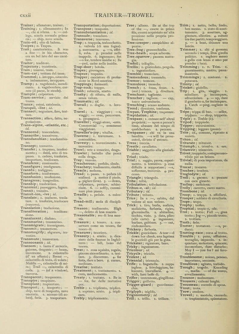 Trainer; allenatore, trainer. Training; i. allenamento; In —, chi si allena. 2. — col¬ lege, scuola normale prima¬ ria ; — ship, nave scuola. Train-oil; olio di balena. Traipes; v. Trapes. Trait; caratteristica. It was a fine — in his character, era un bel lato del suo carat¬ tere. Traitor; traditore. Trajectory; traiettoria. Tram; tranvai, tram. Tram-car; vettura del tram. Trammel; 1. intoppo, ostacolo. 2. imbarazzare, inceppare. Tramp; 1. vagabondo, mendi¬ cante. 2. vagabondare, cor¬ rere (il paese, le strade). Trample; calpestare. Tram-service ; servizio dei trams. Trance ; estasi, catalessia. Tranquil, -lise ; id. Transact; negoziare, fare, trat¬ tare. Transaction; affare, fatto, ne¬ goziazione. Trans-alpine, -atlantic, etc.; id. Transcend; trascendere. Transcribe; trascrivere. Transdanubian ; trasdanubia¬ no. Transept; transetto. Transfer; 1. trapasso, trasferi¬ mento ; — deed, atto di tra¬ passo. 2. cedere, trasferire, trasportare, traslocare. Transferee; cessionario. Transfigure ; trasfigurare. Transfix; trafiggere. Transform; trasformare. Transfusion; trasfusione. Transgress; trasgredire. Tranship; trasbordare. Transient; passeggero, fugace. Transit; transito. Transit-ion, -ive ; id. Translate; 1. tradurre, trasla- tare. 2. trasferire, traslocare (vescovo). Translation; traduzione. Transliteration ; traslitera- zione. Translucent; diafano. Transmarine ; trasmarino. Transmigrate; trasmigrare. Transmit; trasmettere. Transmogrify; sfigurare, tra¬ vestire. Transmute; trasmutare. Transoceanic; id. Transom; 1. barrad’arcaccia, gaisone, dragante ; — beam, traversone. 2. calastrello (d’ un affusto) ; Breast —, calastrello di testa, di volata ; Middle —, calastrello di mi¬ ra ; Trail —, calastrello di coda. 3. — (of a window), traversa. Transparent; trasparente. Transpire; traspirare. Transplant ; trapiantare. Transport; 1. trasporto; — ship, nave di trasporto, nave oneraria. 2. accesso (di co¬ lera), furia. 3. trasportare. Transportation; deportazione. Transpose ; trasporre. Transubstantiation ; id. Transude; trasudare. Transverse; trasverso. Trap ; 1. trappola, trabocchetto. 2. valvola (di una fogna). 3. carrozzetta. 4. —s, effet¬ ti, roba. 5. prender nelle trappole. 6. ingannare; Set —s for, tendere insidie a; Be —ped, cader nelle insidie. Trap-door; botola. Trapes ; girovagare. Trapeze; trapezio. Trapper; cacciatore di profes¬ sione in Nord-america. Trappings; finimenti. Trap-rock; frappo. Trash ; robaccia, scarto. Trashy; di rifiuto, di nulla, senza valore. Traumatic; id. Travail; 1. doglie. 2. lavo¬ ro. Travel; 1. viaggiare; —s, viaggi ; — over, percorrere. 2. propagarsi. Traveller; viaggi-atore, -ante. Commercial -—, commesso viaggiatore. Traveller’s-joy ; vitalba. Traverse; 1. traversare. 2. contraddire. Travesty; 1. travestimento. 2. travestire. Trawl; rete a strascico, draga. Trawler; battello che pesca colla draga. Tray; vassoio. Treacherous; perfido, sleale. Treachery; tradimento, slealtà. Treacle; melassa. Tread; 1. passo. 2. pedata (di scalino). 3. metter il piede. 4. pigiare (uva). 5. —down, calpestare, pestare, schiac¬ ciare. 6. — softly, cammi¬ nare pian piano. Treadle; 1. pedale. 2. calco¬ la. Tread-mill; mola di discipli¬ na. Treason; tradimento. High -—, delitto di lesa maestà. Treasonable ; reo di lesa mae¬ stà. Treasure; 1. tesoro. 2. con¬ servare come un tesoro, far tesoro di. Treasurer; tesoriere. Treasury; 1. erario. 2. dica¬ stero delle finanze in Inghil¬ terra ; — bill, bono del tesoro. Treat; r. cosa squisita, regalo, piacere straordinario. 2. trat¬ tare. 3. discorrere. 4. far festa, dare a bere. 5. curare, medicare. Treatise; trattato. Treatment; 1. trattamento. 2. cura, medicamento. Treaty; 1. trattato. 2. Be in — for, far delle trattative per. Treble ; 1. triplicato, triplice. 2. soprano, acuto. 3. tripli¬ care. Trebly; triplicemente. Tree; albero. Be at the top of the —, essere in prima fila, essersi acquistato un’ alta posizione nella propria pro¬ fessione. Tree-creeper; rampichino al¬ pestre. Tree-frog; granocchiella. Tree-heath; scopa arborea. Tree-sparrow; passera mattu- gia. Trefoil; trifoglio. Trellis; 1. graticolato, pergola. 2. ingraticolare. Tremble; tremolare. Tremendous; tremendo. Tremor; tremore. Tremulous; tremolo. Trench; 1. fossa, fosso. 2. (mil.) trincea. 3. diveltare. Trenchant; tagliente. Trencher; tagliere. — cap, tocco universitario. Trenching; scasso andante. Trend; direzione, tendenza. Trepan, Trephine; trapanare. Trepidation; id. Trespass; r. entrare nell’altrui proprietà ; —- upon a person’s time, abusare del tempo di qualcheduno. 2. peccare. Trespasser; chi va in una bandita. —s will be prose¬ cuted, divieto d’ entrare. Tress; treccia. Trestle; cavalletto. Triable ; soggetto alla giurisdi¬ zione. Triad; triade. Trial; 1. saggio, prova, esperi¬ mento. 2. tentativo. 3. cosa difficile a sopportare ; — s, sofferenze, traversie. 4. pro¬ cesso. Triangle; triangolo. Tribe; tribù. Tribulation; tribolazione. Tribun-e, -al; id. Tributary ; id. Tribute; tributo. Trice; In a —, subito, dal vedere al non vedere. Trick; 1. tiro, burla, malizia, malizietta, furberia, rigiro, gherminella. 2. abitudine, ticchio, vizio. 3. data, plico (alle carte). 4. ingannare, burlare, gabbare. 5. — out, rinfronzolare. Trickery; furberia. Trickle; gocciolare. A tear—d down her cheek, una lagrima le gocciolò giù per la gota. Trickster; rigiratore, baro. Tricky; ingannatore. Tricolour ; id. Tricycle; triciclo. Trident ; id. Triennial; triennale. Trifle; 1. bagattella. 2. zuppa inglese. 3. frivoleggiare, ba¬ loccarsi, trastullarsi. 4. — with, farsi beffe di. Trifler; tentennone, gingillone. Trigger; grilletto. Trigger-guard; guardamac- chia. Triglyph; triglifo. Trigonometry; id. Trill; i. trillo. 2. trillare. Trim; 1. netto, bello, lindo, ben messo. 2. stato di asset¬ tamento. 3. assettare, ag¬ giustare, allestire. 4. esitare tra due partiti, temporeggiare. 5. — a boat, drizzare una lancia. Trimmer; 1. chi si governa secondo i tempi, Don girella politico. 2. sughero messo a galla con lenza e amo per prender i lucci. Trimming; 1. v. Trim. 2. guarnimento, nastro, passa- manteria. Trimmings; 1. contorni. 2. potatura. Trinity; id. Trinket ; gioiello. Trip ; i. gita, viaggio. 2. saltellare. 3. inciampare, sdrucciolare. 4. — up, dare il gambetto a, far inciampare. 5. Catch —ping, cogliere in fallo. Tripe ; trippa di bue. — seller, trippaio. — shop, tripperia. Triple; v. Treble (1). Tripod; treppiede. Tripper; escursionista. Tripping; leggero (passo). Trite; id., comune, ripetuto a sazietà. Triton ; id. Triturate; triturare. Triumph; 1. trionf-o. 2. -are. Triumvir; triumviro. Trivet ; treppiede, sostegno amo¬ vibile per un bricco. Trivial; di poca importanza, da nulla. Trocar; trocarre. Trochee; trocheo. Troglodyte ; id. Troll; 1. gnomo. 2. pescare con esca girante. Trollop; sudiciona. Trolly; carretto, carro matto. Trombone ; id. Troop; 1. truppa. 2. affollarsi. Trooper ; soldato di cavallerìa. Trope; tropo. Trophy; trofeo. Tropical; tropic-o, -ale. Trot; 1. trotto; Full —, gran trotto ; Jog —, piccolo trotto. 2. trottare. Troth ; fede. Trotter; trottatore. —s, pe¬ ducci. Trotting-race ; corsa al trotto. Trouble; 1. pena, afflizione, travaglio, impaccio. 2. in¬ quietare, molestare, spiacere, incomodare, dare disturbo; May I — you for ? mi favo¬ risca ? Troublesome; noioso, penoso, importuno, seccante. Troublous; agitato, torbido. Trough ; trogolo. Kneading —, madia. — of the waves, avvallamento. Trounce; malmenare. Trousers; calzoni lunghi. Trousseau; corredo di sposa. Trout; trota. Trow; credere. Trowel; 1. mestola, cazzuola. 2. trapiantatoio, spiantatore.