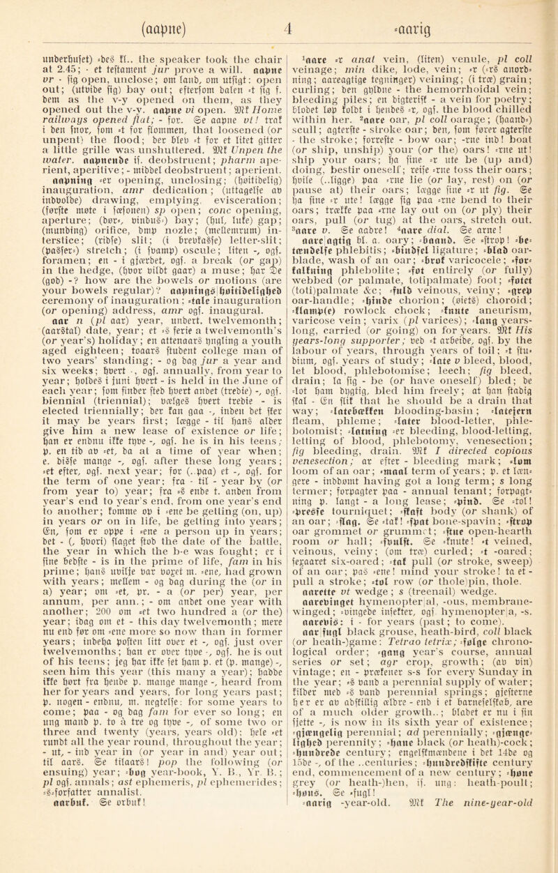 aartg unberpufet) =be§ ft.. the speaker took the chair at 2.45; - et teftament jur prove a will, oapue vr - fig open, unclose; om tanb, om utfigt: open out; (utoibe fig) bay out; efterfom baten 4 fig f. bent as the v-y opened on them, as they opened out the v-y. anpne vi open. 9Qtf Home railways opened flat; - for. ©e aapne vt! tra! i ben fnor, font 4 for flommen, that loosened (or unpent) the flood; ber bleb 4 for et litet gitter a little grille was unshuttered. 9K! Unpen the water, anpncnbe if. deobstruent; pharm ape¬ rient, aperitive ; - ntibbel deobstruent; aperient. anpning =er opening, unclosing; (poitibelig) inauguration, amr dedication; (uttagelfe at) inbtiolbe) drawing, emptying, evisceration; (førfte møte i fcefonen) sp open; cone opening, aperture; (bør», t>inbu§=) bay; (pul, lute) gap; (munbing) orifice, bmp nozle; (meUemrum) in¬ terstice; (ribfe) slit; (i Prei)t'a§fe) letter-slit; (pa§fet=) stretch; (i ftmmp) oscule; titen ogf. foramen; en - i gjeerbet, ogf. a break (or gap) in the hedge, (poor toilbt gaar) a muse; par S)e (gob) -? how are the bowels or motions (are your bowels regular)? aflpHtngé|l)j)tti&eligf)e& ceremony of inauguration ; dale inauguration (or opening) address, amr ogf. inaugural. aat n (pi aar) year, unbert. twelvemonth; (aarstat) date, year; et =§ ferie a twelvemonth’s (or year’s) holiday; en attenaarg pngting a youth aged eighteen; toaarg ftubent college man of two years’ standing; - og bag jur a year and six weeks; poert -, ogf. annually, from year to year; polbeg i jjuni ppert - is held in the June of each year; fom finber fteb poert anbet (trebie) ogf. biennial (triennial); Ucelge» poert trebie - is elected triennially; ber fan gaa inbeit bet ffer it may be years first; tcegge - tit pan§ atber give him a new lease of existence or life; pan er enbnu iffe tpOe-, ogf. he is in his teens; p. en tib at) =et, ba at a time of year when; e. bigfe mange ogf. after these long years; =et efter, ogf. next year; for (..paa) et ogf. for the term of one year; fra - tit - year by (or from year to) year; fra =§ enbe t. anben from year’s end to year’s end, from one year’s end to another; fornnte op i »ene be getting (on, up) in years or on in life, be getting into years; @n, fom er oppe i =ene a person up in years; bet - (, pOori) flaget ftob the date of the battle, the year in which the b-e was fought; er i fine bebfte - is in the prime of life, fain in his prime; pan§ noitfe Par Poget m. =ene, had grown with years; mettem - og bag during the (or in a) year; om =et, pr. - a (or per) year, per annum, per ann.; - om anbet one year with another; 200 om =et two hundred a (or the) year; ibag om et - this day twelvemonth; mere nu ettb for om =ene more so now than in former years; inbepa poften litt ober et ogf. just over twelvemonths; pan er oPer tppe ogf. he is out of his teens; jeg par iffe jet pam p. et (p. mange) seen him this year (this many a year); Pabbc iffe port fra penbe p. mange mange heard from her for years and years, for long years past; p. nogen - enbnu, m. negtelfe: for some years to come; paa - og bag fam for ever so long; en ung manb p. to å tre og tppe -, of some two or three and twenty (years, years old); pete »et runbt all the year round, throughout the year; - ut, - inb year in (or year in and) year out; til aar§. ©e tilaarg I pop the following (or ensuing) year; =bug year-book, Y. B., Yr. B.; pi ogf. annals; ast ephemeris, pi epliemerides; =§-forfatter annalist, aarbitf. ©e orPuf! 1narc -x anal vein, (fiten) venule, pi coll veinage; min dike, lode, vein; =r (»r§ anorb= ning; aareagtige tegninger) veining; (i tree) grain; curling; ben gplbne - the hemorrhoidal vein; bleeding piles; en bigteriff - a vein for poetry; Pfobet fop folbt i peube§ =r, ogf. the blood chilled within her. 2aare oar, pi coll oarage; (paanb=) scull; agterfte - stroke oar; ben, fom forer agterfte - the stroke; forrefte - bow oar; -rne iitb! boat (or ship, unship) your (or the) oars! =rne ut! ship your oars; pa fine -x ute be (up and) doing, bestir oneself; reife »rue toss their oars; poife (..ligge) paa »rne lie (or lay, rest) on (or pause at) their oars; Icegge fine -x ut fig. @e pa fine -x ute! tcegge fig paa »rne bend to their oars; treeffe paa »rne lay out on (or ply) their oars, pull (or tug) at the oars, stretch out. 3onre v. ©e aabre! htarc dial, ©e arne! atuclagtig PI. a. oary; »Pnanb. ©e =ftrop! -be= tmubelfe phlebitis; =ptnbfel ligature; =bl«b oar- blade, wash of an oar; -bvol varicocele; =fot» falfuing phlebolite; »fot entirely (or fully) webbed (or palmate, totipalmate) foot; =fotet (toti)palmate &c; -fit lb veinous, veiny; =gtep oar-handle; »piubc chorion; (oiet§) choroid; =flamp(e) rowlock chock; dnute aneurism, varicose vein ; varix (pi varices); dang years- long, carried (or going) on for years. Wt His years-long supporter; oeb 4 arPeibe, ogf. by the iabour of years, through years of toil; 4 ftu> bium, ogf. years of study; date v bleed, blood, let blood, phlebotomise; leech; fig bleed, drain; la fig - be (or have oneself) bled; be dot pant bpgtig, bled him freely; at pan ftabig ffat - ©n flit that he should be a drain that way; -latebcctUn blooding-basin; dntejern fleam, phleme; dater blood-letter, phle- botomist; dntning --ev bleeding, blood-letting, letting of blood, phlebotomy, venesection; fig bleeding, drain. 9Jif I directed copious venesection; at efter - bleeding mark; darn loom of an oar; »mnal term of years; p. et teen» gere - inbbomt having got a long term; s long termer; forpagter paa - annual tenant; forpagt» ning p. langt - a long lease; »ptnb. ©e dot! --preéfc tourniquet; *ffaft body (or shank) of an oar; flag. @e =tat! =fpat bone-spavin; »fttop oar grommet or grummet; =ftue open-hearth room or hall; -fpulft. ©e =fnute! »t veined, veinous, veiny; (om tree) curled; 4 -oared; fepaaret six-oared; -taf pull (or stroke, sweep) of an oar; pa§ =ene! mind your stroke! ta et- pull a stroke; do! row (or thole)pin, thole, aarette vt wedge ; s (treenail) wedge, anrebinget hymenopter|al, -ous, membrane¬ winged; =oingebe infefter, ogf hymenopter a, -s. narePié: i - for years (past; to come), narlfugl black grouse, heath-bird, coll black (or heath-)game: Tetrao tetrix; --folge chrono¬ logical order; =gang year's course, annual series or set; agr crop, growth; (at) Pin) vintage; en - preefener s-s for every Sunday in the year; »§ Panb a perennial supply of water; filbet nteb =§ uanb perennial springs; gfefterne per er an abffifiig cdbre - enb i et ParnefelffaP, are of a much older growth..; Olabet er nu i fin ffette -, is now in its sixth year of existence; -giiEngelig perennial; ad perennially; =gj(rttgc= ligpcb perennity; --pane black (or lieath)-cock; d)uttbrebe century; engelffmoenbene i bet 14be og lobe-, of the ..centuries; dpmbrebffifte century end, commencement of a new century; djunc grey (or heath-)lien, if. ung: heath-poult; =pints, ©e *fngl! =narig -year-old. 9k£ The nine-year-old