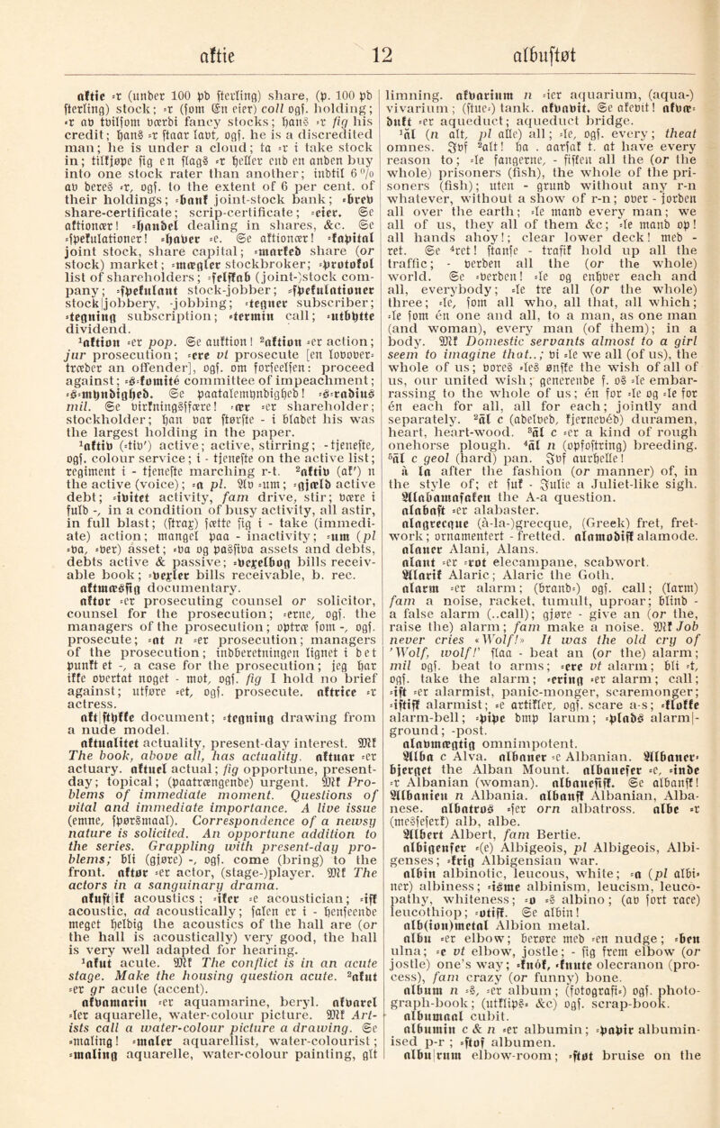 aftic =r (unber 100 pb fterXinø) share, (p. 100 pb fterltng) stock; =r (font @n eter) coll ogf. lidding; «t at> tbilfom bccrbt fancy stocks; t)an§ «r fig his credit; t)an§ =r ftaar latit, ogf. he is a discredited man; lie is under a cloud; ta «r i take stock in; tilfjøpe fig en f(ag8 «r fetter cub en anbcn buy into one stock rater than another; inbtil 6°/° ab bere§ «r, ogf. to the extent of 6 per cent, of their holdings; «ban! joint-stock bank; «breP share-certificate; scrip-certificate; =cier, ©e aftioncer! =l)anbel dealing in shares, &c. ©e «fpefulationer! «paper =e. ©e aftioncer! «fopital joint stock, share capital; «rnarfeb share (or stock) market; «mirgler stockbroker; «protøføl list of shareholders; «felffab (joint-)stock com¬ pany; «fpefulant stock-jobber; «fpefulationer stock (jobbery, -jobbing; degner subscriber; «tegning subscription; «termin call; «ntbptte dividend. 1n!ttnn =er pop. @e auftion! 2aftioti «er action; jur prosecution; «ere vl prosecute [en lobober-- trcebcr an offender], ogf. om forfeelfen: proceed against; Edomite committee of impeachment; «3=mpn&iglieb. ©e paatalempnbigtjeb! =3=rabiu§ mil. @e birlningSffcere! «ttr «er shareholder; stockholder; pan bar ftørfte - i bfabct his was the largest holding in the paper. *aftiP (=tib') active; active, stirring; -tjenefte, ogf. colour service; i - tjenefte on the active list; regiment i - tjenefte marching r-t. 2aftiP (at') n the active (voice); -a pi. 9lb =um; «gjælb active debt; «iøitet activity, fam drive, stir; Deere i fulb -, in a condition of busy activity, all astir, in full blast; (ftraj) feette fig i - take (immedi¬ ate) action; mangel paa - inactivity; «nm (pi =Da, =ber) asset; «ba og paSftba assets and debts, debts active & passive; «Pcjelbog bills receiv¬ able book; «Peeler bills receivable, b. rec. nftmæéfig documentary. aftor «er prosecuting counsel or solicitor, counsel for the prosecution; -erne, ogf. the managers of the prosecution; optree font ogf. prosecute; =ot n =er prosecution; managers of the prosecution; inbberetningen lignet i bet punft et -, a case for the prosecution; jeg bar iffe oDertat noget - mot, ogf. fig I hold no brief against; utføre =et, ogf. prosecute, aftrice «r actress. aftlftpffe document; «tegning drawing from a nude model. aftualitet actuality, present-day interest. 9Jlf The book, above all, has actuality, nftunr -er actuary, aftnel actual; fig opportune, present- day; topical; (paatreengenbe) urgent. 3kf Pro¬ blems of immediate moment. Questions of vital and immediate importance. A live issue (emne, fpør§maal). Correspondence of a newsy nature is solicited. An opportune addition to the series. Grappling with present-day pro¬ blems; bli (gjøre) ogf. come (bring) to the front, aftør «er actor, (stage-)player. STif The actors in a sanguinary drama. nfufflif acoustics ; «ifer =e acoustician; «iff acoustic, ad acoustically; falen er i - benfeenbe meget beXbtg the acoustics of the hall are (or the hall is acoustically) very good, the hall is very well adapted for hearing. Jafut acute, ftftf The conflict is in an acute stage. Make the housing question acute. 2ofut =er gr acute (accent). afPantaritt «er aquamarine, beryl, nfParel =Ier aquarelle, water-colour picture. Art¬ ists call a water-colour picture a drawing, ©e «mating ! «malet aquarellist, water-colourist; «moling aquarelle, water-colour painting, git limning. afParium n «ter aquarium, (aqua-) vivarium; (ftue«) tank. afPaPit. ©e afebtt! afP«!« buff =et aqueduct; aqueduct bridge. *51 (n alt, pi atte) all; «te, ogf. every; theat omnes. Qbf 2att! ba . aarfat t. at have every reason to; «te fangerne, - fiffen all the (or the whole) prisoners (fish), the whole of the pri¬ soners (fish); uten - grunb without any r-n whatever, without a show of r-n; ober - jorben all over the earth; =Ie manb every man; we all of us, they all of them &c; «te manb op! all hands ahoy!; clear lower deck! meb - ret. ©e 4ret! ftanfe - traftf hold up all the traffic; - berben all the (or the whole) world, ©e «berben! =te og enbber each and all, everybody; =le tre all (or the whole) three; =te, fom all who, all that, all which; «te fom én one and all, to a man, as one man (and woman), every man (of them); in a body. Domestic servants almost to a girl seem to imagine that..; bt =Ie we all (of us), the whole of us; boreå »le8 ønffe the wish of all of us, our united wish; generenbe f. o§ =te embar¬ rassing to the whole of us; én for =Ie og =Ie for én each for all, all for each; jointly and separately. 2at c (abetbeb, fjerneoéb) duramen, heart, heart-wood. 3al c =er a kind of rough onehorse plough. 45l n (opfoftring) breeding. 6al c geol (hard) pan. Sbf aurbette! ii la after the fashion (or manner) of, in the style of; et fuf - gulie a Juliet-like sigh. 9llabamafafeit the A-a question, olabaft =er alabaster. ttlngrecgite (å-la-)grecque, (Greek) fret, fret¬ work; ornamentert - fretted, alamobif! alamode, alaner Alani, Alans, olont =er «rot elecampane, scabwort. 9llarif Alaric; Alaric the Goth, alarm =er alarm; (6ranb=) ogf. call; (farm) fam a noise, racket, tumult, uproar; blinb - a false alarm (..call); gjøre - give an (or the, raise the) alarm; fam make a noise. fbtf Job never cries «Wolf!» It was the old cry of ’Wolf, wolf!' ftaa - beat an (or the) alarm; mil ogf. beat to arms; «ere vt alarm; bli -t, ogf. take the alarm; «ering «er alarm; call; =tft =er alarmist, panic-monger, scaremonger; «iftiff alarmist; =e artifler, ogf. scare a-s; «floffe alarm-bell; «pipe bmp larum; «plabé alarm|- ground; -post. alnPmcrgtig omnimpotent. 9116a c Alva, olbaner «c Albanian. 9il6atter< bjerget the Alban Mount, albanefer «e, «tnbe =r Albanian (woman), albaneftff. @e albanff! 9llbattieu n Albania, albanff Albanian, Alba- nese. albotrøé «fer orn albatross, olbe =r (megfefer!) alb, albe. 9llbert Albert, fam Bertie, albigenfer «(e) Albigeois, pi Albigeois, Albi- genses; «trig Albigensian war. albin albinotic, leucous, white; =a (pi albi« ner) albiness; «téme albinism, leucism, leuco- pathy, whiteness; =o «8 albino ; (ab fort race) leucothiop; «otiff. @e albin ! alb(ion)metol Albion metal, albu =er elbow; berøre meb «en nudge; =ben ulna; «e vt elbow, jostle; - fig frem elbow (or jostle) one’s way; «fnof, «fnntc olecranon (pro¬ cess), fam crazy (or funny) bone. album n «8, =er album ; (fotografb) ogf. photo- grapli-book; (utmp8« &c) ogf. scrap-book, albumaal cubit. ol6umiit c&n «er albumin; «papir albumin- ised p-r ; =ftof albumen. albujrum elbow-room; «fløt bruise on the
