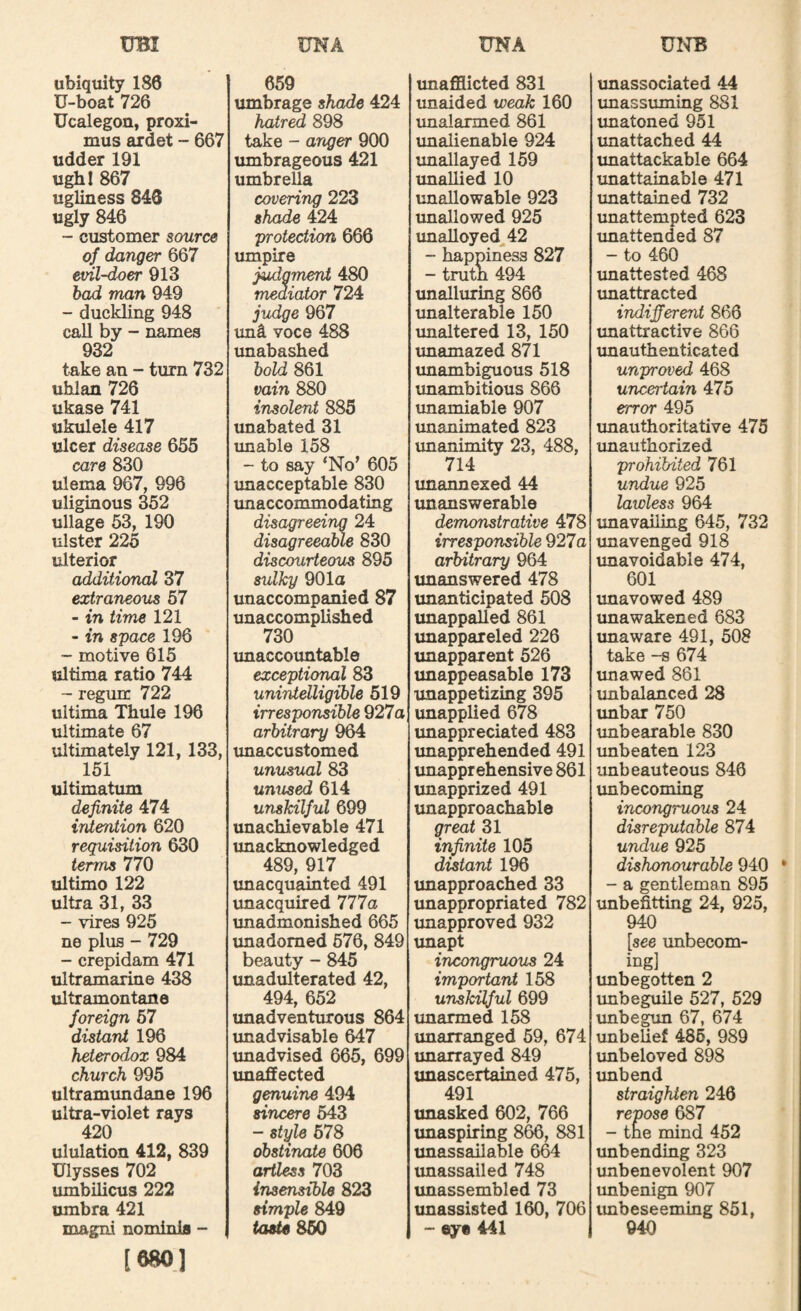 ubiquity 180 U-boat 726 Ucalegon, proxi- mus ardet - 667 udder 191 ugh I 867 ugliness 846 ugly 846 - customer source of danger 667 evil-doer 913 had man 949 - duckling 948 call by - names 932 take an - turn 732 uhlan 726 ukase 741 ukulele 417 ulcer disease 655 care 830 ulema 967, 996 uliginous 352 ullage 53, 190 ulster 225 ulterior additional 37 extraneous 57 - in time 121 - in space 196 - motive 615 ultima ratio 744 ~ regunc 722 ultima Thule 196 ultimate 67 ultimately 121, 133, 151 ultimatum definite 474 irUention 620 requisition 630 terms 770 ultimo 122 ultra 31, 33 - vires 925 ne plus - 729 - crepidam 471 ultramarine 438 ultramontane foreign 57 distant 196 heterodox 984 church 995 ultramxmdane 196 ultra-violet rays 420 ululation 412, 839 Ulysses 702 umbilicus 222 umbra 421 magni nominifl - [680.1 659 umbrage shade 424 hatr^ 898 take - anger 900 umbrageous 421 umbrella covering 223 shade 424 protection 666 umpire j^gmerd 480 mediator 724 judge 967 un4 voce 488 unabashed hold 861 vain 880 insolent 885 unabated 31 unable 158 - to say ‘No' 605 unacceptable 830 unaccommodating disagreeing 24 disagreeable 830 discourteous 895 sulky 901a unaccompanied 87 unaccomplished 730 imaccountable exceptional 83 unintelligihle 519 irresponsihle 927a arbitrary 964 unaccustomed unusual 83 unused 614 unskilful 699 unachievable 471 unacknowledged 489, 917 unacquainted 491 unacquired 777a unadmonished 665 unadorned 676, 849 beauty - 845 unadulterated 42, 494, 652 unadventurous 864 unadvisable 647 unadvised 665, 699 unaffected genuine 494 sincere 543 - style 578 obstinate 600 artless 703 insensible 823 simple 849 taste 850 unaffilicted 831 unaided weak 160 unalarmed 861 unalienable 924 imallayed 159 unallied 10 unallowable 923 unallowed 925 imalloyed^42 - happiness 827 - truth 494 unalluring 866 imalterable 150 unaltered 13, 150 unamazed 871 unambiguous 518 unambitious 866 unamiable 907 unanimated 823 imanimity 23, 488, 714 unannexed 44 imanswerable demonstrative 478 irresponsible 927a arbitrary 964 unanswered 478 unanticipated 508 unappalled 861 unappareled 226 unapparent 526 xmappeasable 173 imappetizing 395 unapplied 678 unappreciated 483 unapprehended 491 unapprehensive 861 xmapprized 491 unapproachable great 31 infinite 105 distant 196 unapproached 33 unappropriated 782 unapproved 932 unapt incongruous 24 important 158 unskilful 699 tmarmed 158 unarranged 59, 674 unarrayed 849 unascertained 475, 491 unasked 602, 766 imaspiring 866, 881 unassailable 664 unassailed 748 unassembled 73 unassisted 160, 706 -• eye 441 imassociated 44 unassuming 881 unatoned 951 unattached 44 imattackable 664 unattainable 471 unattained 732 unattempted 623 unattended 87 - to 460 imattested 468 unattracted indifferent 866 unattractive 866 unauthenticated unproved 468 uncei'tain 475 error 495 imauthoritative 475 imauthorized prohibited 761 undue 925 lawless 964 unavailing 645, 732 unavenged 918 imavoidable 474, 601 unavowed 489 unawakened 683 unaware 491, 508 take -s 674 unawed 861 unbalanced 28 tmbar 750 imbearable 830 unbeaten 123 unbeauteous 846 unbecoming incongruous 24 disreputable 874 undue 925 dishonourable 940 - a gentleman 895 xmbefitting 24, 925, 940 [see unbecom¬ ing] unbegotten 2 imbeguile 527, 529 imbegun 67, 674 unbelief 486, 989 imbeloved 898 unbend straighten 240 repose 687 - the mind 452 unbending 323 imbenevolent 907 unbenign 907 imbeseeming 851, 940