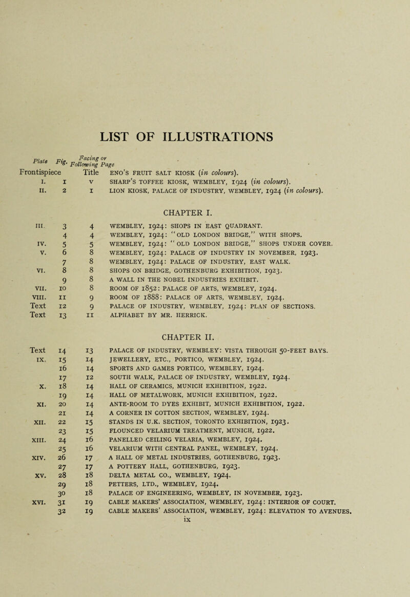 LIST OF ILLUSTRATIONS Plate Fig. Facing or Following Page Frontispiece Title ENO’S FRUIT SALT KIOSK (in Colours). i. I V sharp’s toffee kiosk, wembley, 1924 (in colours). ii. 2 1 LION KIOSK, PALACE OF INDUSTRY, WEMBLEY, I924 (in Colours). CHAPTER I. nr. 3 4 WEMBLEY, 1924: SHOPS IN EAST QUADRANT. 4 4 WEMBLEY, I924: “OLD LONDON BRIDGE,” WITH SHOPS. IV. 5 5 WEMBLEY, I924: “OLD LONDON BRIDGE,” SHOPS UNDER COVER. V. 6 8 WEMBLEY, I924: PALACE OF INDUSTRY IN NOVEMBER, 1923. 7 8 WEMBLEY, I924: PALACE OF INDUSTRY, EAST WALK. VI. 8 8 SHOPS ON BRIDGE, GOTHENBURG EXHIBITION, I923. 9 8 A WALL IN THE NOBEL INDUSTRIES EXHIBIT. VII. IO 8 ROOM OF 1852: PALACE OF ARTS, WEMBLEY, 1924. VIII. ii 9 ROOM OF 1888: PALACE OF ARTS, WEMBLEY, I924. Text 12 9 PALACE OF INDUSTRY, WEMBLEY, 1924: PLAN OF SECTIONS. Text 13 11 ALPHABET BY MR. HERRICK. CHAPTER II. Text 14 13 PALACE OF INDUSTRY, WEMBLEY: VISTA THROUGH 50-FEET BAYS. IX. i5 14 JEWELLERY, ETC., PORTICO, WEMBLEY, I924. 16 14 SPORTS AND GAMES PORTICO, WEMBLEY, I924. 17 12 SOUTH WALK, PALACE OF INDUSTRY, WEMBLEY, I924. X. 18 14 HALL OF CERAMICS, MUNICH EXHIBITION, I922. *9 14 HALL OF METALWORK, MUNICH EXHIBITION, I922. XI. 20 14 ANTE-ROOM TO DYES EXHIBIT, MUNICH EXHIBITION, I922. 21 14 A CORNER IN COTTON SECTION, WEMBLEY, 1924. XII. 22 15 STANDS IN U.K. SECTION, TORONTO EXHIBITION, I923. 23 15 FLOUNCED VELARIUM TREATMENT, MUNICH, 1922. XIII. 24 16 PANELLED CEILING VELARIA, WEMBLEY, I924. 25 16 VELARIUM WITH CENTRAL PANEL, WEMBLEY, I924. XIV. 26 17 A HALL OF METAL INDUSTRIES, GOTHENBURG, I923. 27 17 A POTTERY HALL, GOTHENBURG, I923. XV. 28 18 DELTA METAL CO., WEMBLEY, 1924. 29 18 PETTERS, LTD., WEMBLEY, I924. 30 18 PALACE OF ENGINEERING, WEMBLEY, IN NOVEMBER, I923. XVI. 3i 19 CABLE MAKERS’ ASSOCIATION, WEMBLEY, 1924: INTERIOR OF COURT. 32 19 CABLE MAKERS’ ASSOCIATION, WEMBLEY, 1924: ELEVATION TO AVENUES. iv