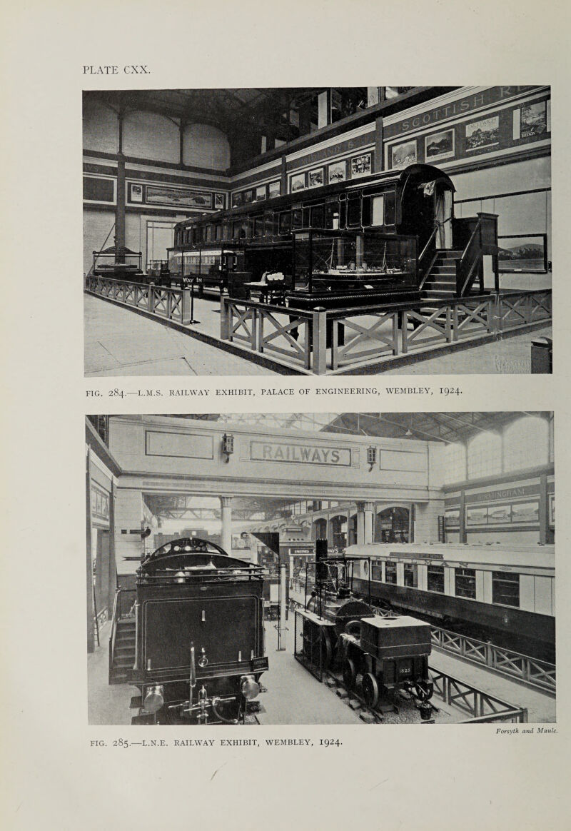 FIG. 284.—L.M.S. RAILWAY EXHIBIT, PALACE OF ENGINEERING, WEMBLEY, 1924. Forsyth and Maule. FIG. 285.—L.N.E. RAILWAY EXHIBIT, WEMBLEY, 1924.