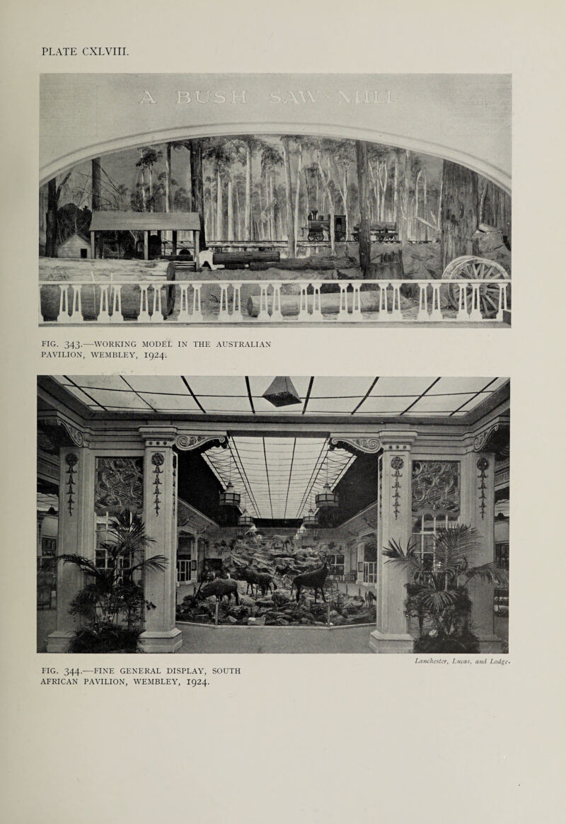 FIG. 343.—WORKING MODEL IN THE AUSTRALIAN PAVILION, WEMBLEY, 1924. Lanchester, Lucas, and Lodge. FIG. 344.—FINE GENERAL DISPLAY, SOUTH AFRICAN PAVILION, WEMBLEY, 1924.