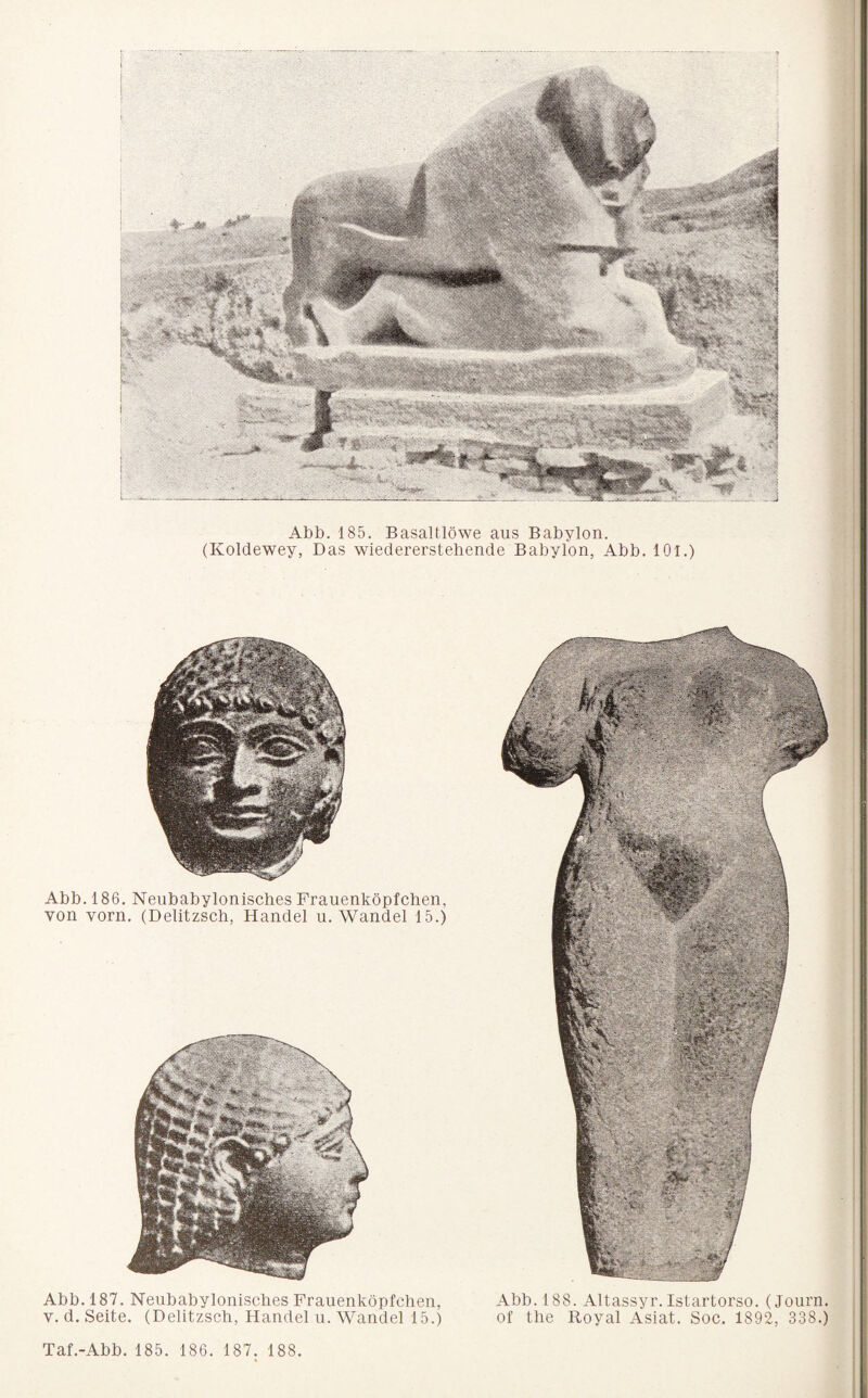 (Koldewey, Das wiedererstehende Babylon, Abb. lOl.) Abb. 186. Neubabylonisclies Frauenköpfchen, von vorn. (Delitzsch, Handel u. Wandel 15.) Abb. 187. Neubabylonisclies Frauenköpfclien, Abb. 188. Altassyr. Istartorso. (Journ. V. d. Seite. (Delitzsch, Handel u. Wandel 15.) of the Royal Asiat. Soc. 1892, 338.)