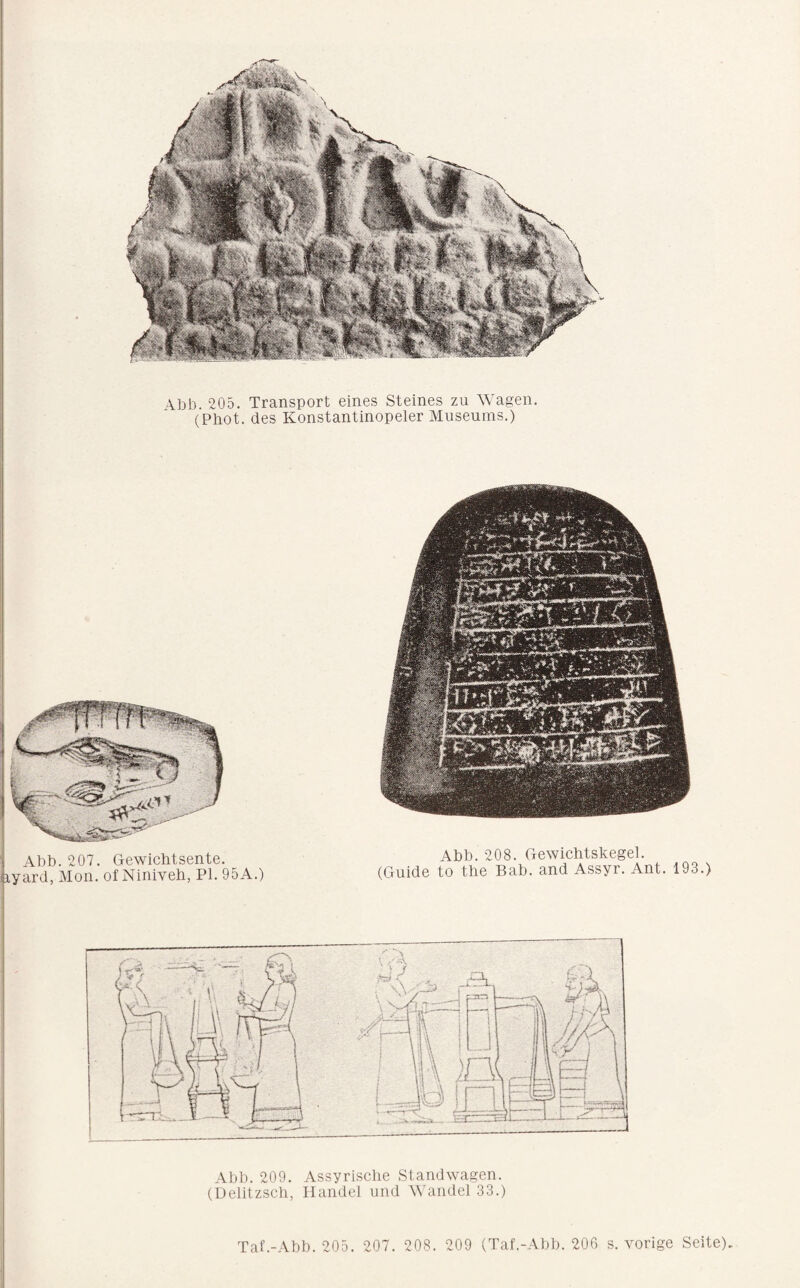 (Phot, des Konstantinopeler Museums.) Ahb. 207. Gewichtsente, lyard, Mon. of Niniveh, Pi. 95A.) Ahb. 208. Gewichtskegel. (Guide to the Bab. and Assyr. Ant. 193.) Abb. 209. Assyrische Siandwagen. (Delitzsch, Handel und Wandel 33.) Taf.-Abb. 205. 207. 208. 209 (Taf.-Abb. 200 s. vorige Seite)