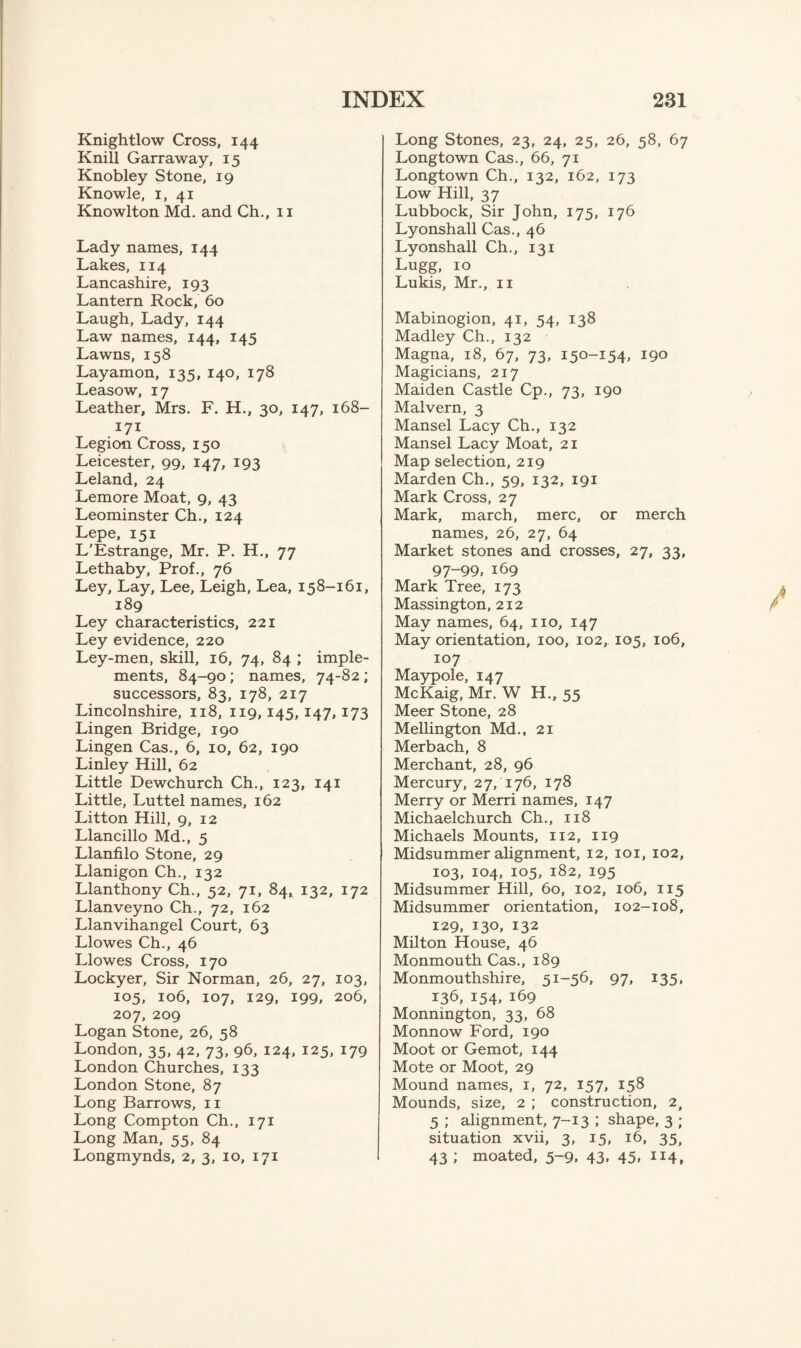Knightlow Cross, 144 Knill Garraway, 15 Knobley Stone, 19 Knowle, 1, 41 Knowlton Md. and Ch., 11 Lady names, 144 Lakes, 114 Lancashire, 193 Lantern Rock, 60 Laugh, Lady, 144 Law names, 144, 145 Lawns, 158 Layamon, 135, 140, 178 Leasow, 17 Leather, Mrs. F. H., 30, 147, 168- 171 Legion Cross, 150 Leicester, 99, 147, 193 Leland, 24 Lemore Moat, 9, 43 Leominster Ch., 124 Lepe, 151 L’Estrange, Mr. P. H., 77 Lethaby, Prof., 76 Ley, Lay, Lee, Leigh, Lea, 158-161, 189 Ley characteristics, 221 Ley evidence, 220 Ley-men, skill, 16, 74, 84 ; imple¬ ments, 84-90; names, 74-82; successors, 83, 178, 217 Lincolnshire, 118, 119, 145, 147, 173 Lingen Bridge, 190 Lingen Cas., 6, 10, 62, 190 Linley Hill, 62 Little Dewchurch Ch., 123, 141 Little, Luttel names, 162 Litton Hill, 9, 12 Llancillo Md., 5 Llanfilo Stone, 29 Llanigon Ch., 132 Llanthony Ch., 52, 71, 84, 132, 172 Llanveyno Ch., 72, 162 Llanvihangel Court, 63 Llowes Ch., 46 Llowes Cross, 170 Lockyer, Sir Norman, 26, 27, 103, 105, 106, 107, 129, 199, 206, 207, 209 Logan Stone, 26, 58 London, 35, 42, 73, 96, 124, 125, 179 London Churches, 133 London Stone, 87 Long Barrows, 11 Long Compton Ch., 171 Long Man, 55, 84 Longmynds, 2, 3, 10, 171 Long Stones, 23, 24, 25, 26, 58, 67 Longtown Cas., 66, 71 Longtown Ch., 132, 162, 173 Low Hill, 37 Lubbock, Sir John, 175, 176 Lyonshall Cas., 46 Lyonshall Ch., 131 Lugg, 10 Lukis, Mr., 11 Mabinogion, 41, 54, 138 Madley Ch., 132 Magna, 18, 67, 73, 150-154, 190 Magicians, 217 Maiden Castle Cp., 73, 190 Malvern, 3 Mansel Lacy Ch., 132 Mansel Lacy Moat, 21 Map selection, 219 Marden Ch., 59, 132, 191 Mark Cross, 27 Mark, march, mere, or merch names, 26, 27, 64 Market stones and crosses, 27, 33, 97-99, 169 Mark Tree, 173 Massington, 212 May names, 64, no, 147 May orientation, 100, 102, 105, 106, 107 Maypole, 147 McKaig, Mr. W H., 55 Meer Stone, 28 Mellington Md., 21 Merbach, 8 Merchant, 28, 96 Mercury, 27, 176, 178 Merry or Merri names, 147 Michaelchurch Ch., 118 Michaels Mounts, 112, 119 Midsummer alignment, 12, 101, 102, 103, 104, 105, 182, 195 Midsummer Hill, 60, 102, 106, 115 Midsummer orientation, 102-108, 129, 130, 132 Milton House, 46 Monmouth Cas., 189 Monmouthshire, 51-56, 97, 135, 136, 154, 169 Monnington, 33, 68 Monnow Ford, 190 Moot or Gemot, 144 Mote or Moot, 29 Mound names, 1, 72, 157, 158 Mounds, size, 2 ; construction, 2, 5 ; alignment, 7-13 ; shape, 3 ; situation xvii, 3, 15, 16, 35, 43 ; moated, 5-9, 43, 45, 114,
