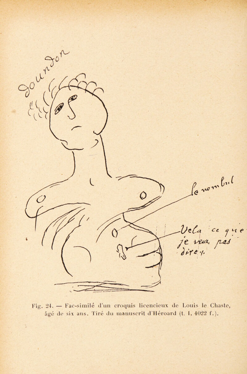 Fig. 24. — Fac-similé d’un croquis licencieux de Louis le Chaste, âgé de six ans. Tiré du manuscrit d'Héroard (t. L 4022 f.).