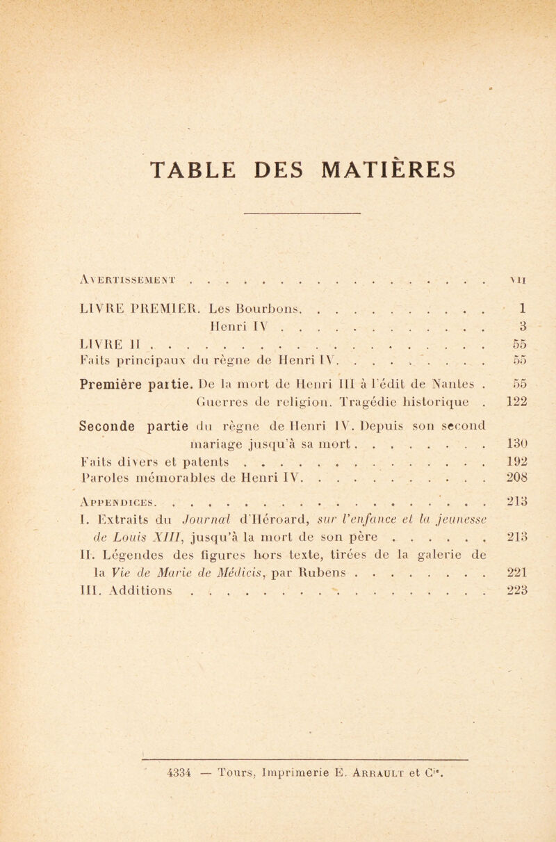 TABLE DES MATIÈRES Avertissement. a ii LIVRE PREMIER. Les Bourbons. 1 Henri IV. 3 LIVRE II. 55 Faits principaux du règne de Henri IV. ....... 55 Première partie. De la mort de Henri III à Ledit de Nantes . 55 Guerres de religion. Tragédie historique . 122 Seconde partie du règne de Henri IV. Depuis son second mariage jusqu’à sa mort.130 Faits divers et patents.192 Paroles mémorables de Henri IV.208 Appendices.213 J. Extraits du Journal d'Héroard, sur l’enfance el la jeunesse de Louis XIII, jusqu’à la mort de son père.213 H. Légendes des ligures hors texte, tirées de la galerie de la Vie cle Marie de Médicis, par Rubens.221 III. Additions.223 4334 — Tours, Imprimerie E. Arrault et C'\