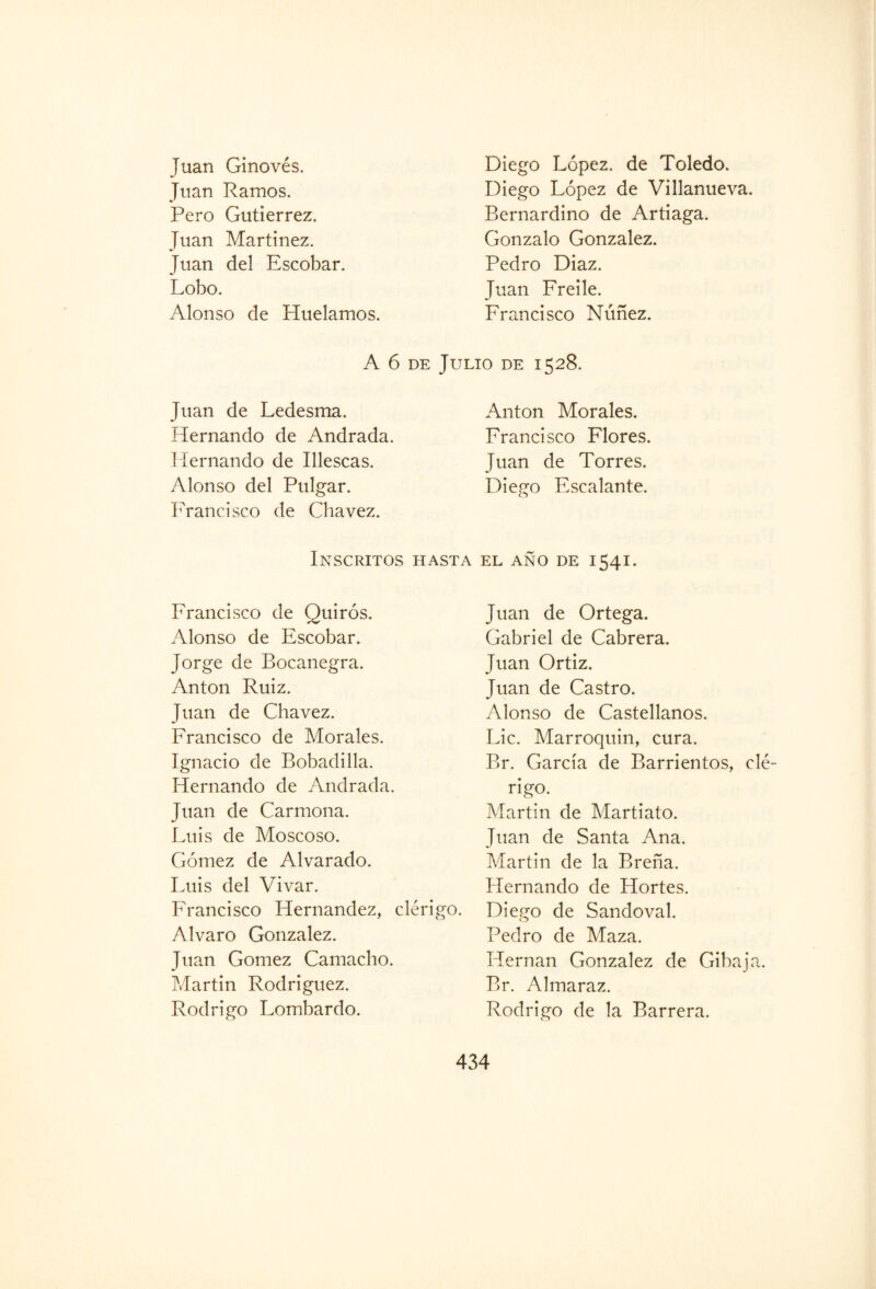 Juan Ginovés. Diego López, de Toledo. Juan Ramos. Diego López de Villanueva. Pero Gutiérrez. Bernardino de Artiaga. Juan Martínez. Gonzalo González. Juan del Escobar. Pedro Diaz. Lobo. Juan Freile. Alonso de Pluelamos. Francisco Núñez. A 6 de Julio de 1528. Juan de Ledesma. Hernando de Andrada. Hernando de Illescas. Alonso del Pulgar. Francisco de Chavez. Inscritos hasta Francisco de Quirós. Alonso de Escobar. Jorge de Bocanegra. Antón Ruiz. Juan de Chavez. Francisco de Morales. Ignacio de Bobadilla. Hernando de Andrada. Juan de Carmona. Luis de Moscoso. Gómez de Alvarado. Luis del Vivar. Francisco Hernández, clérigo. Alvaro González. Juan Gómez Camacho. Martin Rodríguez. Rodrigo Lombardo. Antón Morales. Francisco Flores. Juan de Torres. Diego Escalante. EL AÑO DE 1541. Juan de Ortega. Gabriel de Cabrera. Juan Ortiz. Juan de Castro. Alonso de Castellanos. Lie. Marroquin, cura. Br. García de Barrientos, clé¬ rigo. Martin de Martiato. Juan de Santa Ana. Martin de la Breña. Hernando de Hortes. Diego de Sandoval. Pedro de Maza. Hernán González de Gibaja. Br. Almaraz. Rodrigo de la Barrera.