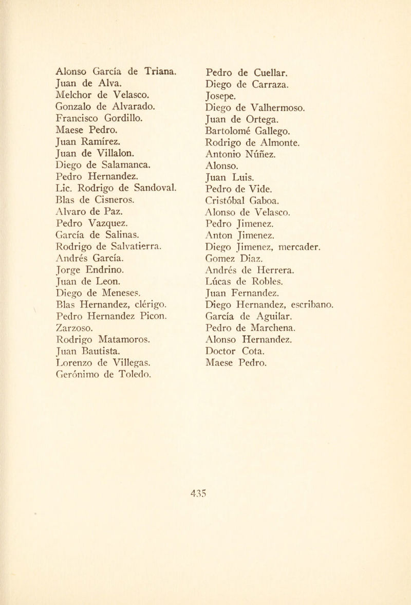 Alonso Garda de Triana. Juan de Alva. Melchor de Velasco. Gonzalo de Alvarado. Francisco Gordillo. Maese Pedro. Juan Ramírez. Juan de Villalon. Diego de Salamanca. Pedro Hernández. Lie. Rodrigo de Sandoval. Blas de Cisneros. Alvaro de Paz. Pedro Vázquez. García de Salinas. Rodrigo de Salvatierra. Andrés García. Jorge Endrino. Juan de León. Diego de Meneses. Blas Hernández, clérigo. Pedro Hernández Picón. Zarzoso. Rodrigo Matamoros. Juan Bautista. Lorenzo de Villegas. Gerónimo de Toledo. Pedro de Cuellar. Diego de Carraza. Josepe. Diego de Valhermoso. Juan de Ortega. Bartolomé Gallego. Rodrigo de Almonte. Antonio Núñez. Alonso. Juan Luis. Pedro de Vide. Cristóbal Gaboa. Alonso de Velasco. Pedro Jiménez. Antón Jiménez. Diego Jiménez, mercader. Gómez Díaz. Andrés de Herrera. Lúeas de Robles. Juan Fernandez. Diego Hernández, escribano. García de Aguilar. Pedro de Marchena. Alonso Hernández. Doctor Cota. Maese Pedro.