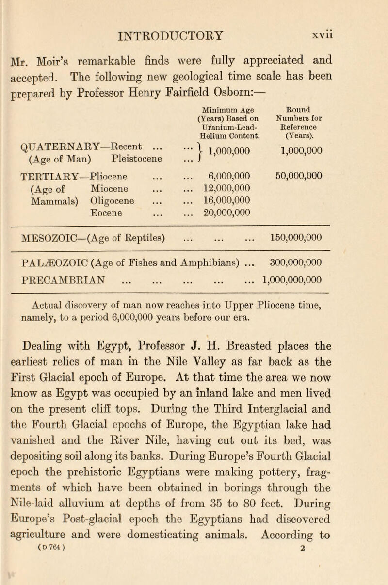 Mr. Moir’s remarkable finds were fully appreciated and accepted. The following new geological time scale has been prepared by Professor Henry Fairfield Osborn:— Minimum Age Round (Years) Based on Numbers for Uranium-Lead- Reference Helium Content. (Years). QUATERNARY—Recent ... ••• | 1,000,000 1,000,000 (Age of Man) Pleistocene TERTIARY—Pliocene 6,000,000 50,000,000 (Age of Miocene ... 12,000,000 Mammals) Oligocene ... 16,000,000 Eocene ... 20,000,000 MESOZOIC—(Age of Reptiles) . 150,000,000 PALAEOZOIC (Age of Fishes and Amphibians) .. PRECAMBRIAN . . 300,000,000 . 1,000,000,000 Actual discovery of man now reaches into Upper Pliocene time, namely, to a period 6,000,000 years before our era. Dealing with Egypt, Professor J. H. Breasted places the earliest relics of man in the Nile Valley as far back as the First Glacial epoch of Europe. At that time the area we now know as Egypt was occupied by an inland lake and men lived on the present cliff tops. During the Third Interglacial and the Fourth Glacial epochs of Europe, the Egyptian lake had vanished and the River Nile, having cut out its bed, was depositing soil along its banks. During Europe’s Fourth Glacial epoch the prehistoric Egyptians were making pottery, frag¬ ments of which have been obtained in borings through the Nile-laid alluvium at depths of from 35 to 80 feet. During Europe’s Post-glacial epoch the Egyptians had discovered agriculture and were domesticating animals. According to (D 764 ) 2
