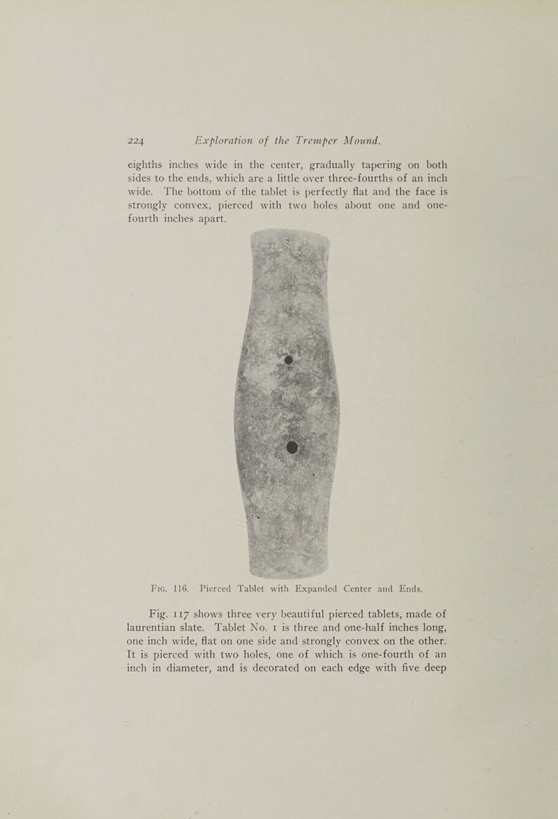 eighths inches wide in the center, gradually tapering on both sides to the ends, which are a little over three-fourths of an inch wide. The bottom of the tablet is perfectly flat and the face is strongly convex, pierced with two holes about one and one- fourth inches apart. Fig. 116. Pierced Tablet with Expanded Center and Ends. Fig. 117 shows three very beautiful pierced tablets, made of laurentian slate. Tablet No. i is three and one-half inches long, one inch wide, flat on one side and strongly convex on the other. It is pierced with two holes, one of which is one-fourth of an inch in diameter, and is decorated on each edge with five deep