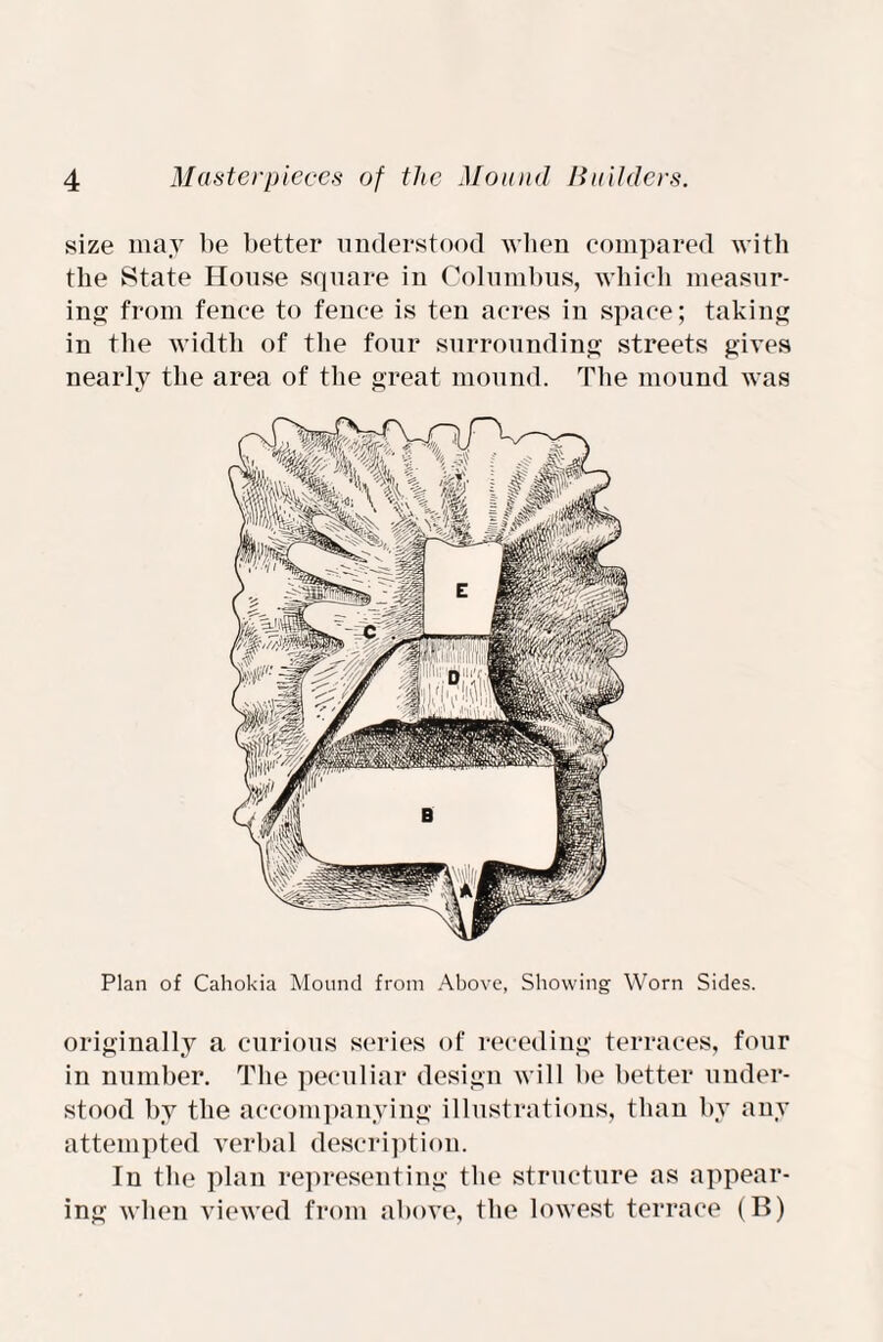 size may be better understood when compared with the State House square in Columbus, which measur¬ ing from fence to fence is ten acres in space; taking in the width of the four surrounding streets gives nearly the area of the great mound. The mound Avas Plan of Cahokia Mound from Above, Showing Worn Sides. originally a curious series of receding terraces, four in number. The peculiar design will be better under¬ stood by the accompanying illustrations, than by any attempted verbal description. In the plan representing the structure as appear¬ ing when viewed from above, the lowest terrace (B)