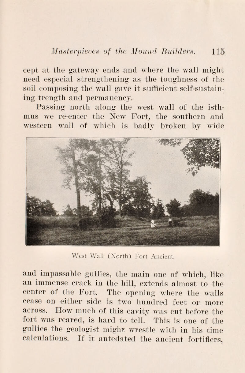 cept at the gateway ends and where the wall might need especial strengthening as the toughness of the soil composing the wall gave it sufficient self-sustain¬ ing trength and permanency. Passing north along the west wall of the isth¬ mus we re-enter the New Fort, the southern and western wall of which is badly broken by wide West Wall (North) Fort Ancient. and impassable gullies, the main one of which, like an immense crack in the hill, extends almost to the center of the Fort. The opening where the walls cease on either side is two hundred feet or more across. How much of this cavity was cut before the fort was reared, is hard to tell. This is one of the gullies the geologist might wrestle with in his time calculations. If it antedated the ancient fortifiers,