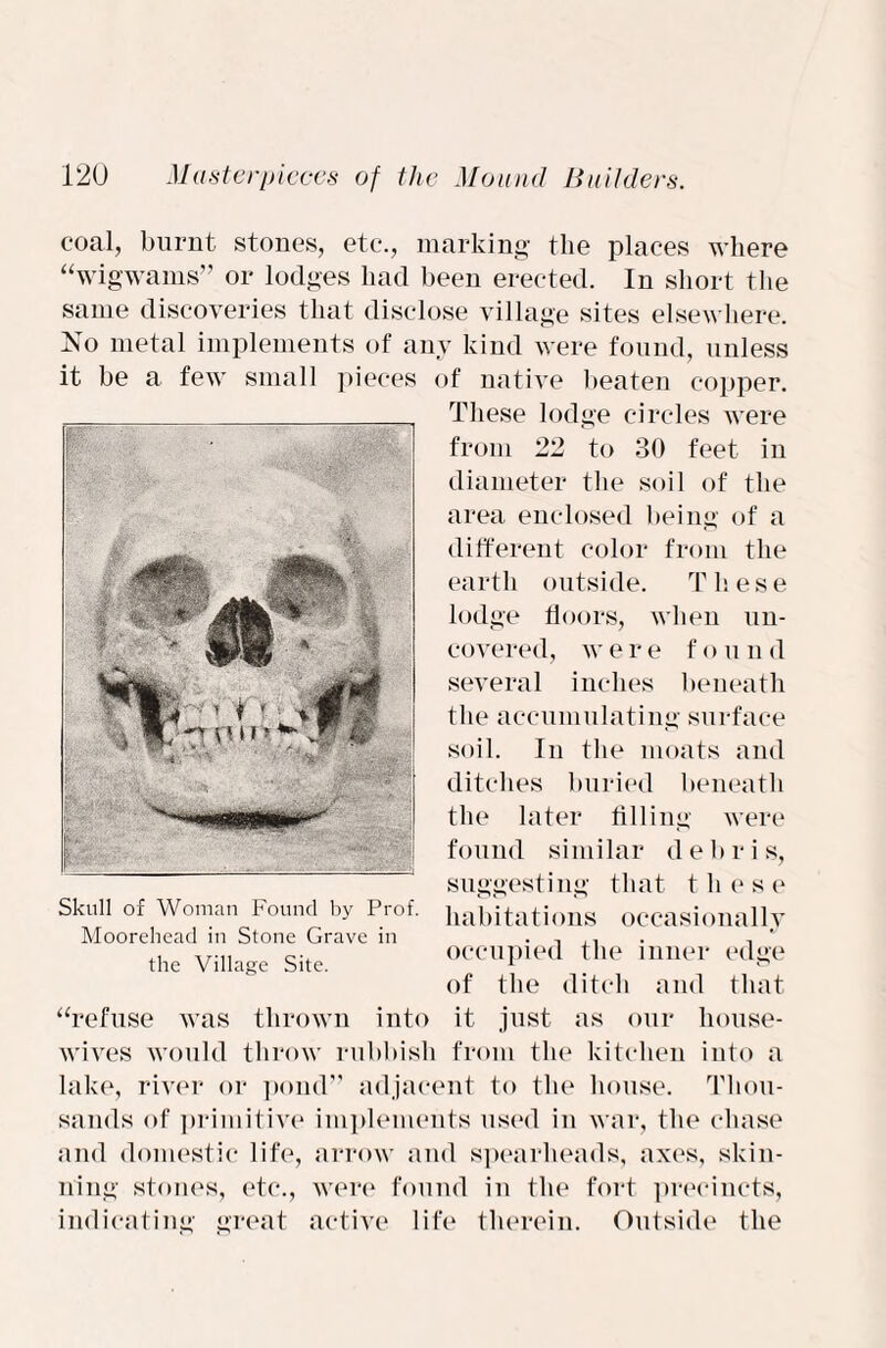 coal, burnt stones, etc., marking the places where “wigwams” or lodges had been erected. In short the same discoveries that disclose village sites elsewhere. No metal implements of any kind were found, unless it be a few small pieces of native beaten copper. These lodge circles were from 22 to 30 feet in diameter the soil of the area enclosed being of a different color from the earth outside. T liese lodge floors, when un¬ covered, were found several inches beneath the accumulating surface soil. In the moats and ditches buried beneath the later filling were found similar debris, suggesting that these habitations occasiona 1 ly occupied the inner edge of the ditch and that “refuse was thrown into it just as our house¬ wives would throw rubbish from the kitchen into a lake, river or pond” adjacent to the house. Thou¬ sands of primitive implements used in war, the chase and domestic life, arrow and spearheads, axes, skin¬ ning stones, etc., were found in the fort precincts, indicating great active life therein. Outside the Skull of Woman Found by Prof. Moorehead in Stone Grave in the Village Site.