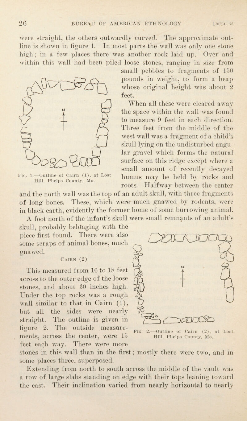 were straight, the others outwardly curved. The approximate out¬ line is shown in figure 1. In most parts the wall was only one stone high; in a few places there was another rock laid up. Over and within this wall had been piled loose stones, ranging in size from small pebbles to fragments of 150 pounds in weight, to form a heap whose original height was about 2 feet. When all these were cleared awa}^ the space within the wall was found to measure 9 feet in each direction. Three feet from the middle of the west wall was a fragment of a child’s skull lying on the undisturbed angu¬ lar gravel which forms the natural surface on this ridge except where a small amount of recentlv decayed liumus may be held by rocks and roots. Halfway between the center and the north wall was the top of an adult skull, with three fragments of long bones. These, which were much gnawed by rodents, were in black earth, evidently the former home of some burrowing animal. A foot north of the infant’s skull were small remnants of an adult’s skull, probably belonging with the piece first found. There were also some scraps of animal bones, much gnawed. Cairn (2) This measured from 16 to 18 feet across to the outer edge of the loose stones, and about 30 inches high. Under the top rocks was a rough wall similar to that in Cairn (1), but all the sides were nearly straight. The outline is given in figure 2. The outside measure¬ ments, across the center, were 15 feet each way. There were more stones in this wall than in the first; mostly there were two, and in some places three, superposed. Extending from north to south across the middle of the vault was a row of large slabs standing on edge with their tops leaning toward the east. Their inclination varied from nearly horizontal to nearly oC> °° o /—j/ZOOCSti Fig. 2.—Outline of Cairn (2), at Lost Hill, Phelps County, Mo.