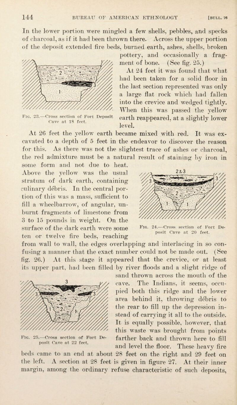 Fig. 23.—Cross section of Fort Deposit Cave at 18 feet. In the lower portion were mingled a few shells, pebbles, and specks of charcoal, as if it had been thrown there. Across the upper portion of the deposit extended fire beds, burned earth, ashes, shells, broken pottery, and occasionally a frag¬ ment of bone. (See fig. 25.) At 24 feet it was found that what had been taken for a solid floor in the last section represented was only a large flat rock which had fallen into the crevice and wedged tightly. When this was passed the yellow earth reappeared, at a slightly lower level. At 26 feet the yellow earth became mixed with red. It was ex¬ cavated to a depth of 5 feet in the endeavor to discover the reason for this. As there was not the slightest trace of ashes or charcoal, the red admixture must be a natural result of staining by iron in some form and not due to heat. Above the yellow was the usual stratum of dark earth, containing culinary debris. In the central por¬ tion of this was a mass, sufficient to fill a wheelbarrow, of angular, un¬ burnt fragments of limestone from 3 to 15 pounds in weight. On the surface of the dark earth were some ten or twelve fire beds, reaching from wall to wall, the edges overlapping and interlacing in so con¬ fusing a manner that the exact number could not be made out. (See fig. 26.) At this stage it appeared that the crevice, or at least its upper part, had been filled by river floods and a slight ridge of sand thrown across the mouth of the cave. The Indians, it seems, occu¬ pied both this ridge and the lower area behind it, throwing debris to the rear to fill up the depression in¬ stead of carrying it all to the outside. It is equally possible, however, that this waste was brought from points farther back and thrown here to fill and level the floor. These heavy fire beds came to an end at about 28 feet on the right and 29 feet on the left. A section at 28 feet is given in figure 27. At their inner margin, among the ordinary refuse characteristic of such deposits, Fig. 25.—Cross section of Fort De posit Cave at 22 feet.