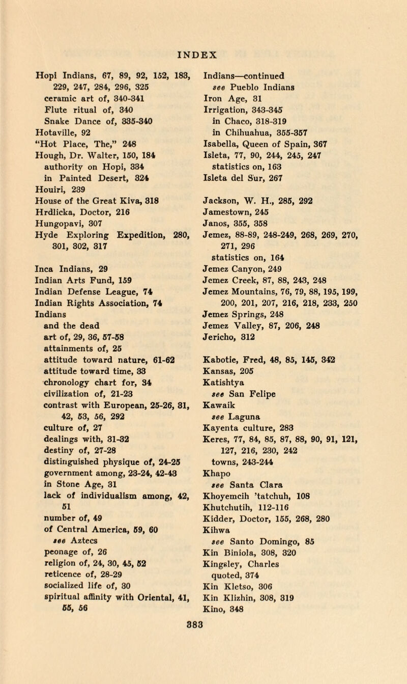 Hopi Indians, 67, 89, 92, 152, 183, 229, 247, 284, 296, 325 ceramic art of, 340-341 Flute ritual of, 340 Snake Dance of, 335-340 Hotaville, 92 “Hot Place, The,” 248 Hough, Dr. Walter, 150, 184 authority on Hopi, 334 in Painted Desert, 324 Houiri, 239 House of the Great Kiva, 318 Hrdlicka, Doctor, 216 Hungopavi, 307 Hyde Exploring Expedition, 280, 301, 302, 317 Inca Indians, 29 Indian Arts Fund, 159 Indian Defense League, 74 Indian Rights Association, 74 Indians and the dead art of, 29, 36, 57-58 attainments of, 25 attitude toward nature, 61-62 attitude toward time, 33 chronology chart for, 34 civilization of, 21-23 contrast with European, 25-26, 31, 42, 63, 56, 292 culture of, 27 dealings with, 31-32 destiny of, 27-28 distinguished physique of, 24-25 government among, 23-24, 42-43 in Stone Age, 31 lack of individualism among, 42, 51 number of, 49 of Central America, 59, 60 see Aztecs peonage of, 26 religion of, 24, 30, 45, 52 reticence of, 28-29 socialized life of, 30 spiritual affinity with Oriental, 41, 55, 56 Indians—continued see Pueblo Indians Iron Age, 31 Irrigation, 343-345 in Chaco, 318-319 in Chihuahua, 355-357 Isabella, Queen of Spain, 367 Isleta, 77, 90, 244, 245, 247 statistics on, 163 Isleta del Sur, 267 Jackson, W. H., 285, 292 Jamestown, 245 Janos, 355, 358 Jemez, 88-89, 248-249, 268, 269, 270, 271, 296 statistics on, 164 Jemez Canyon, 249 Jemez Creek, 87, 88, 243, 248 Jemez Mountains, 76, 79, 88, 195, 199, 200, 201, 207, 216, 218, 233, 250 Jemez Springs, 248 Jemez Valley, 87, 206, 248 Jericho, 312 Kabotie, Fred, 48, 85, 145, 342 Kansas, 205 Katishtya see San Felipe Kawaik see Laguna Kayenta culture, 283 Keres, 77, 84, 85, 87, 88, 90, 91, 121, 127, 216, 230, 242 towns, 243-244 Khapo see Santa Clara Khoyemcih ’tatchuh, 108 Khutchutih, 112-116 Kidder, Doctor, 165, 268, 280 Kihwa see Santo Domingo, 85 Kin Biniola, 308, 320 Kingsley, Charles quoted, 374 Kin Kletso, 306 Kin Klizhin, 308, 319 Kino, 348