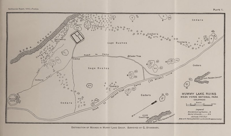 Smithsonian Report, 1916.—Fewkes. Plate 1. Distribution of Mounds in Mummy Lake Group. Surveyed by C. Stansbury.