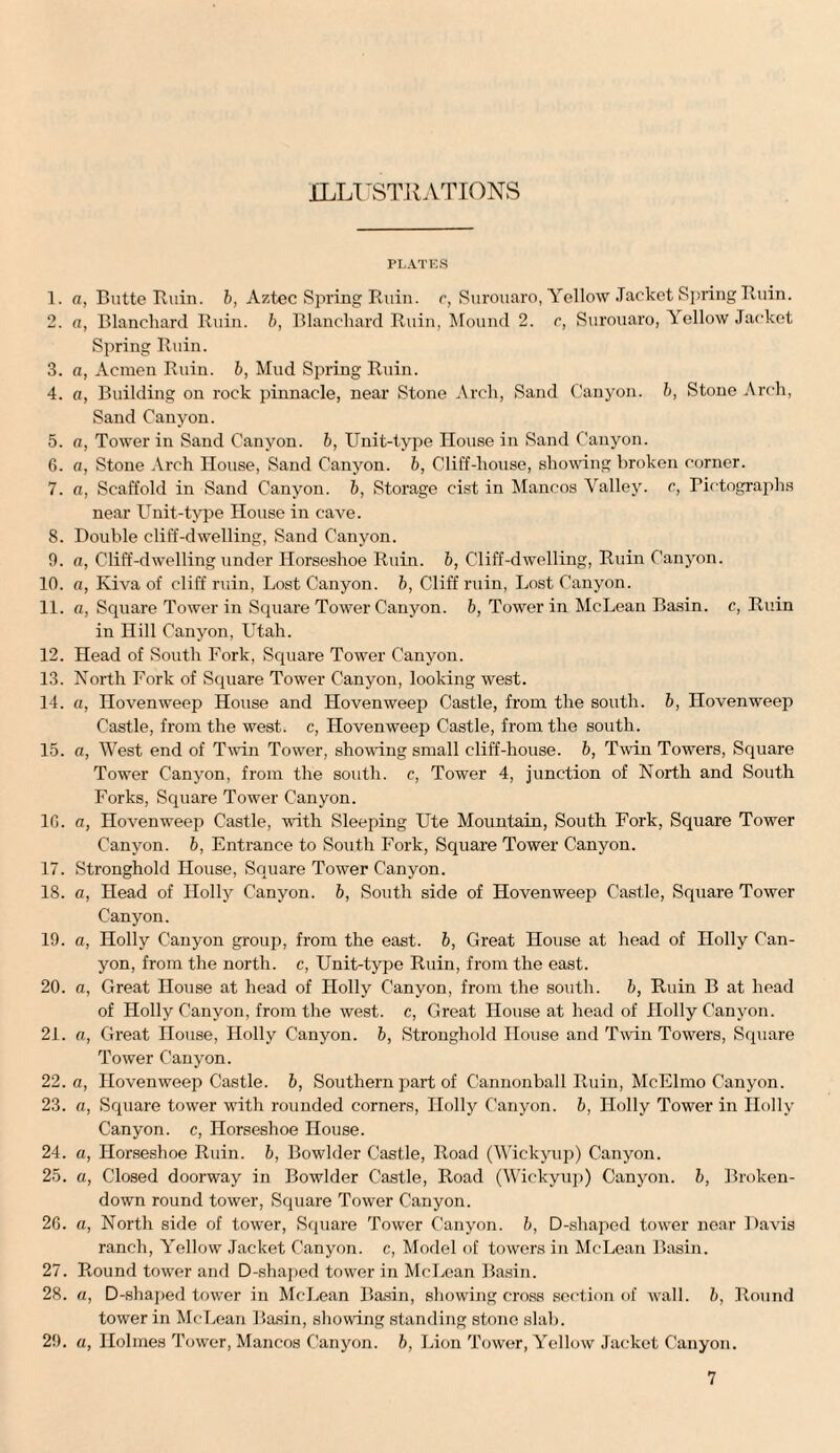 ILLUSTRATIONS PLATES 1. a, Butte Ruin, b, Aztec Spring Ruin, c, Surouaro, Yellow Jacket Spring Ruin. 2. a, Blanchard Ruin, b, Blanchard Ruin, Mound 2. r, Surouaro, Yellow Jacket Spring Ruin. 3. a, Acmen Ruin, b, Mud Spring Ruin. 4. a, Building on rock pinnacle, near Stone Arch, Sand Canyon, b, Stone Arch, Sand Canyon. 5. a, Tower in Sand Canyon, b, Unit-type House in Sand Canyon. 6. n, Stone Arch House, Sand Canyon, b, Cliff-house, showing broken corner. 7. a, Scaffold in Sand Canyon, b, Storage cist in Mancos Valley, c, Pictographs near Unit-type House in cave. 8. Double cliff-dwelling, Sand Canyon. 9. a, Cliff-dwelling under Horseshoe Ruin, b, Cliff-dwelling, Ruin Canyon. 10. a, Kiva of cliff ruin, Lost Canyon, b, Cliff ruin, Lost Canyon. 11. a, Square Tower in Square Tower Canyon, b, Tower in McLean Basin, c, Ruin in Hill Canyon, Utah. 12. Head of South Fork, Square Tower Canyon. 13. North Fork of Square Tower Canyon, looking west. 14. a, Ilovenweep House and Hovenweep Castle, from the south, b, Hovenweep Castle, from the west, c, Hovenweep Castle, from the south. 15. a, West end of Twin Tower, showing small cliff-house, b, Twin Towers, Square Tower Canyon, from the south, c, Tower 4, junction of North and South Forks, Square Tower Canyon. 1G. a, Hovenweep Castle, with Sleeping Ute Mountain, South Fork, Square Tower Canyon, b, Entrance to South Fork, Square Tower Canyon. 17. Stronghold House, Square Tower Canyon. 18. a, Head of Holly Canyon, b, South side of Hovenweep Castle, Square Tower Canyon. 19. a, Holly Canyon group, from the east, b, Great House at head of Holly Can¬ yon, from the north, c, Unit-type Ruin, from the east. 20. a, Great House at head of Holly Canyon, from the south. b, Ruin B at head of Holly Canyon, from the west, c, Great House at head of Holly Canyon. 21. a, Great House, Holly Canyon, b, Stronghold House and Twin Towers, Square Tower Canyon. 22. a, Hovenweep Castle, b, Southern part of Cannonball Ruin, McElmo Canyon. 23. a, Square tower with rounded corners, Holly Canyon, b, Holly Tower in Holly Canyon, c, Horseshoe House. 24. a, Horseshoe Ruin, b, Bowlder Castle, Road (Wickyup) Canyon. 25. a, Closed doorway in Bowlder Castle, Road (Wickyup) Canyon, b, Broken- down round tower, Square Tower Canyon. 2G. a, North side of tower, Square Tower Canyon, b, D-shapcd tower near Davis ranch, Yellow Jacket Canyon, c, Model of towers in McLean Basin. 27. Round tower and D-shaped tower in McLean Basin. 28. a, D-shaped tower in McLean Basin, showing cross section of wall, b, Round tower in McLean Basin, showing standing stone slab. 29. a, Holmes Tower, Mancos Canyon, b, Lion Tower, Yellow Jacket Canyon.