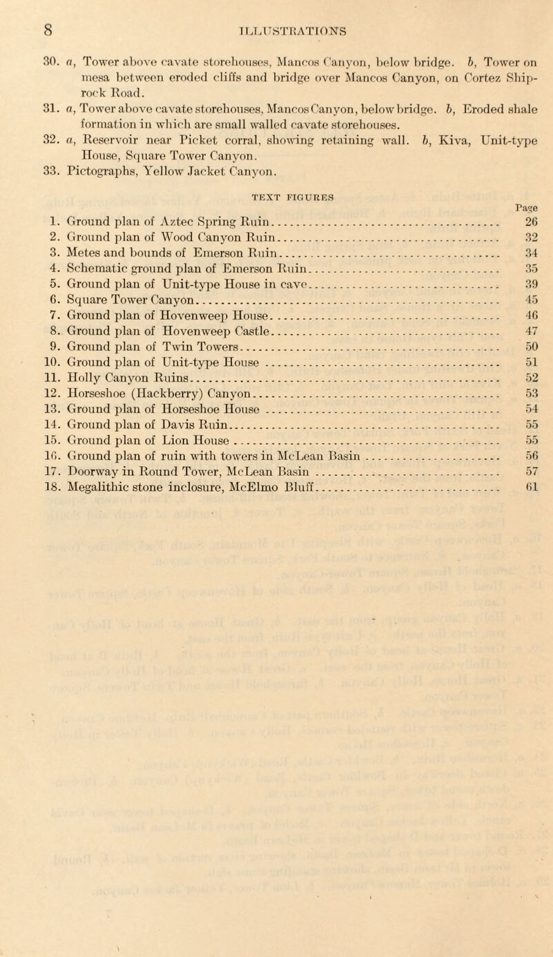30. a, Tower above cavate storehouses, Mancos Canyon, below bridge, b, Tower on mesa between eroded cliffs and bridge over Mancos Canyon, on Cortez Ship- rock Road. 31. a, Tower above cavate storehouses, Mancos Canyon, below bridge, b, Eroded shale formation in which are small walled cavate storehouses. 32. a, Reservoir near Picket corral, showing retaining wall, b, Kiva, Unit-type House, Square Tower Canyon. 33. Pictographs, Yellow Jacket Canyon. 1. Ground plan of Aztec Spring Ruin. 26 2. Ground plan of Wood Canyon Ruin. 32 3. Metes and bounds of Emerson Ruin. 34 4. Schematic ground plan of Emerson Ruin. 35 5. Ground plan of Unit-type House in cave. 39 6. Square Tower Canyon. 45 7. Ground plan of Hovenweep House. 4G 8. Ground plan of Hovenweep Castle. 47 9. Ground plan of Twin Towers. 50 10. Ground plan of Unit-type House. 51 11. Holly Canyon Ruins. 52 12. Horseshoe (blackberry) Canyon. 53 13. Ground plan of Horseshoe House. 54 14. Ground plan of Davis Ruin. 55 15. Ground plan of Lion House. 55 10. Ground plan of ruin with towers in McLean Basin. 56 17. Doorway in Round Tower, McLean Basin. 57 18. Megalithic stone inclosure, McElmo Bluff. 61